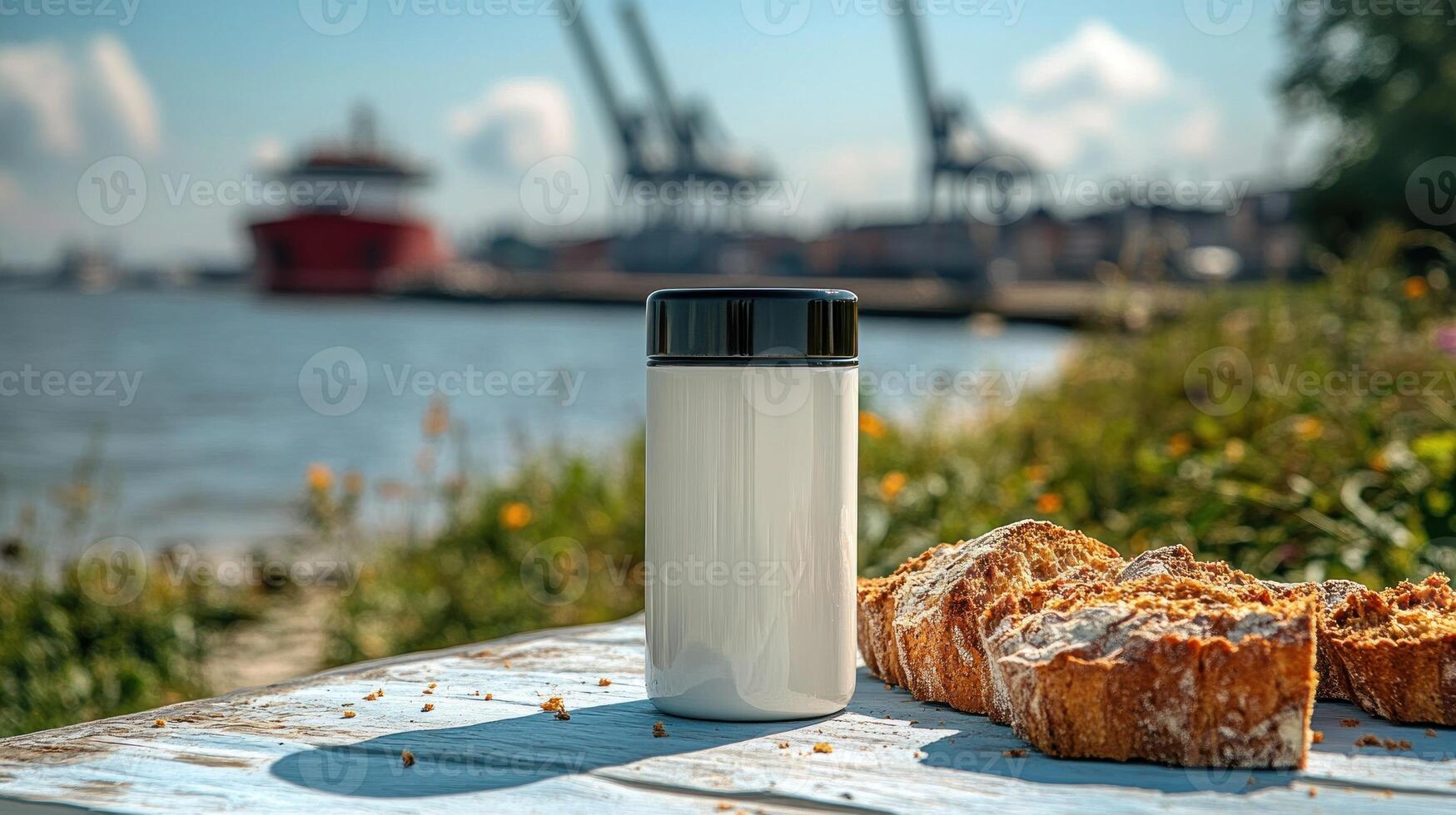 Enjoying a peaceful outdoor snack by the water's edge with a stunning backdrop photo