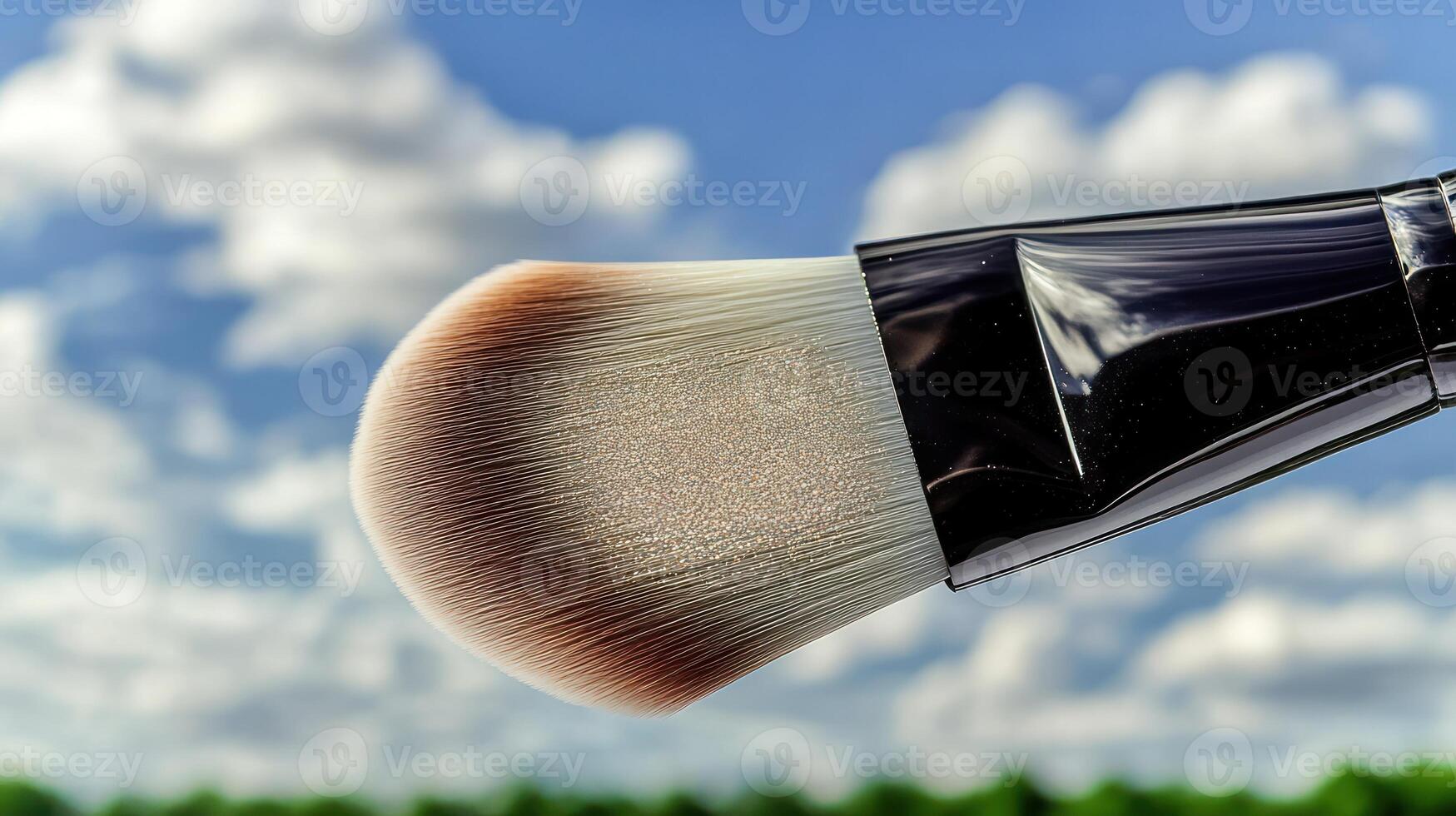 A fluffy makeup brush is held up against a vibrant sky filled with clouds photo