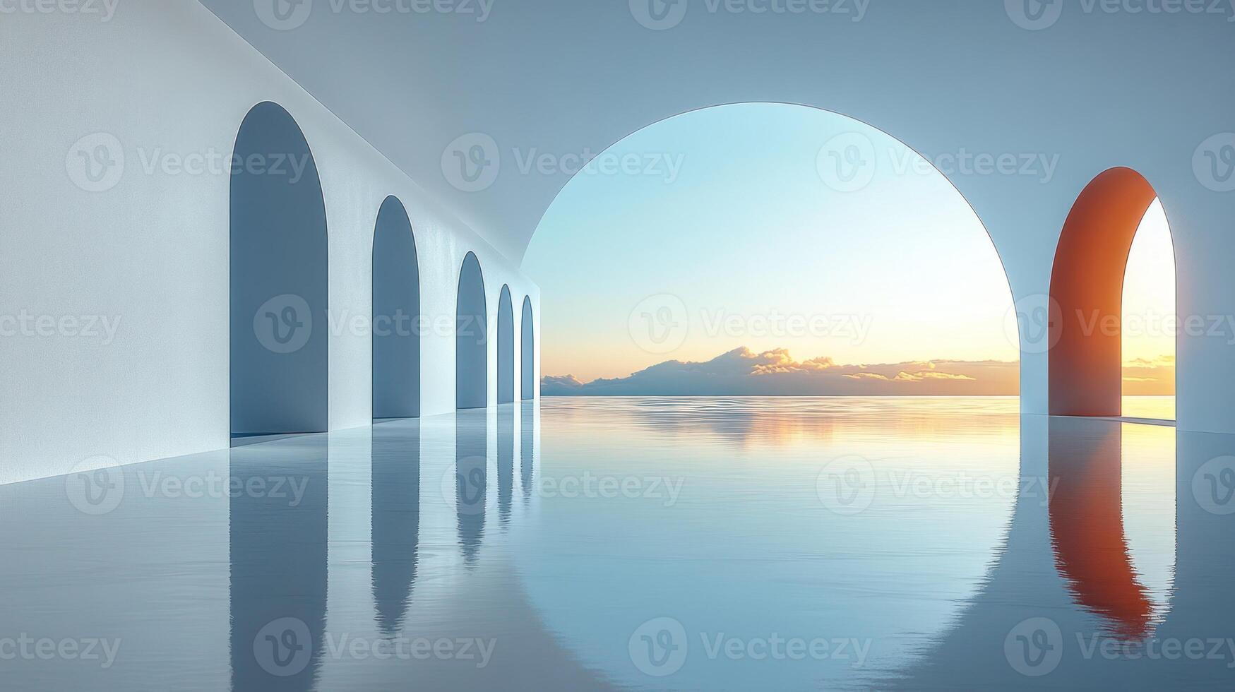 Tranquil reflection of soft colors and archways in a peaceful minimalist setting photo