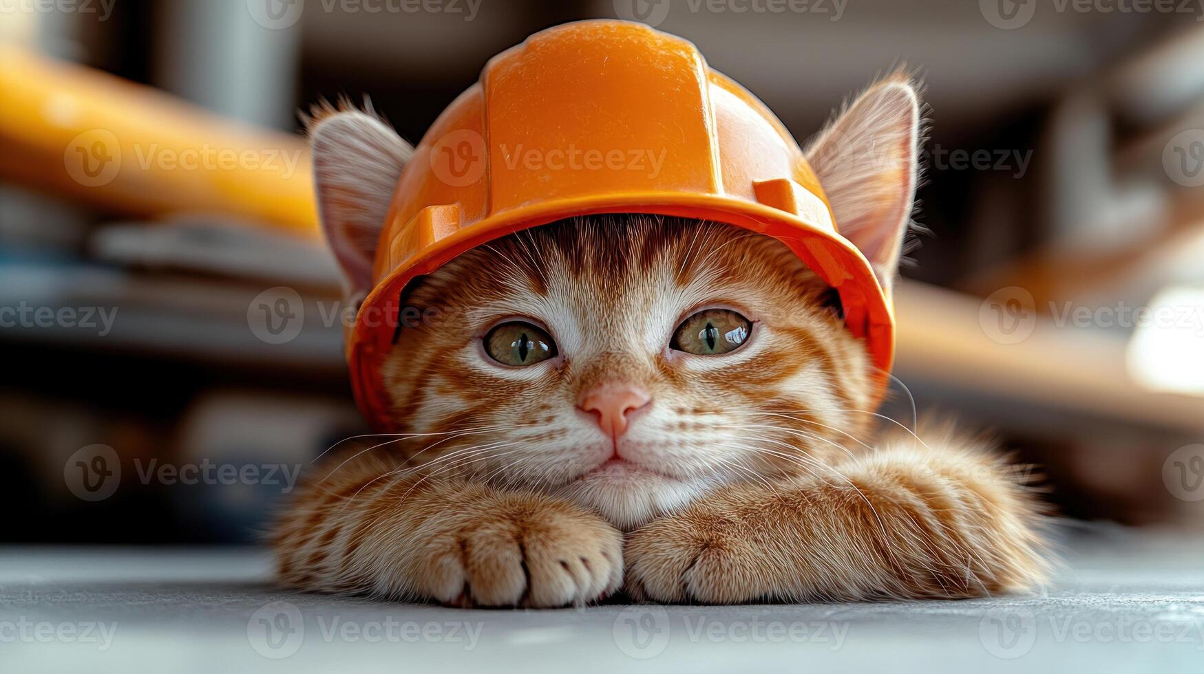 A cheerful cat wearing an orange construction helmet showcases its playful spirit photo