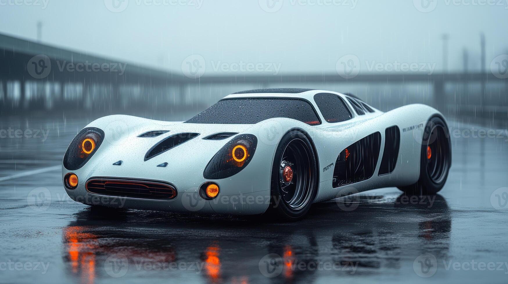 Raindrops dance on the polished surface of a futuristic black sports car photo