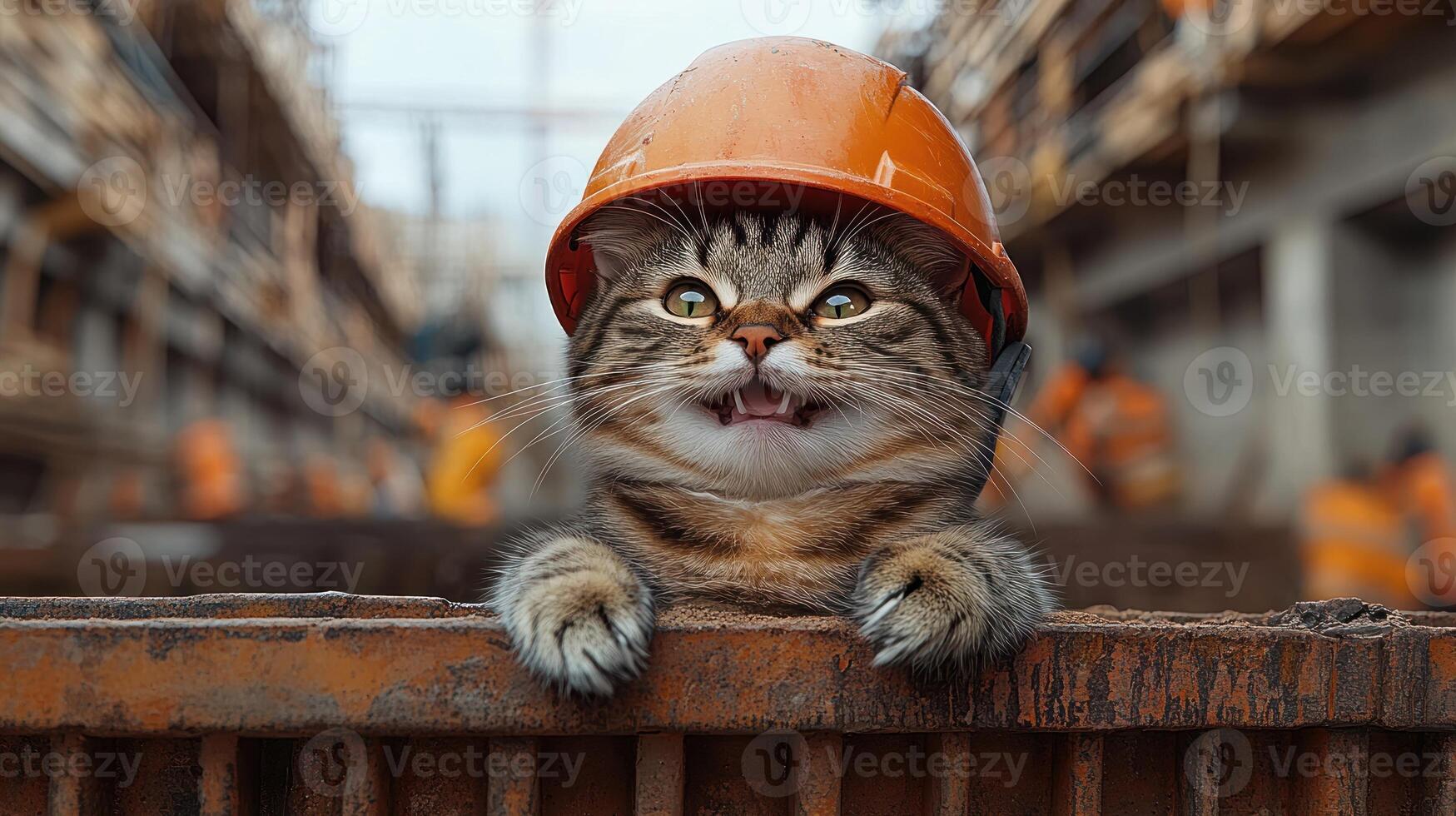 A playful ginger kitten relaxes with a hard hat on, bringing joy to a construction area photo