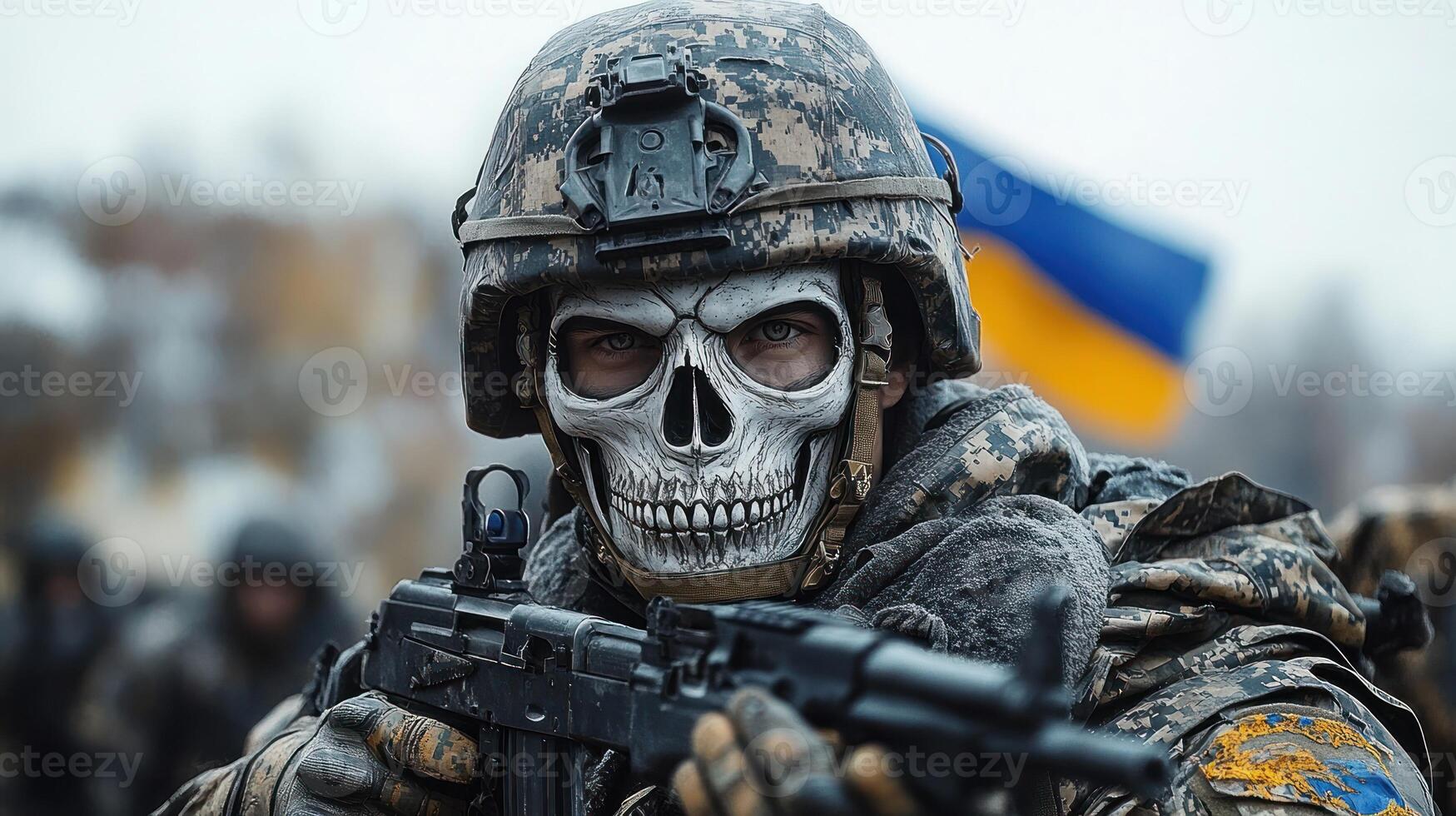 A soldier in a skull mask stands ready with a rifle in winter photo