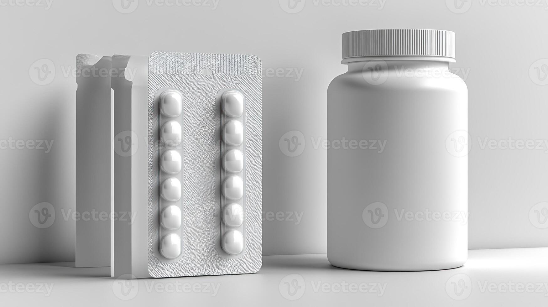 Plain white tablets arranged alongside a smooth, modern medicine container photo