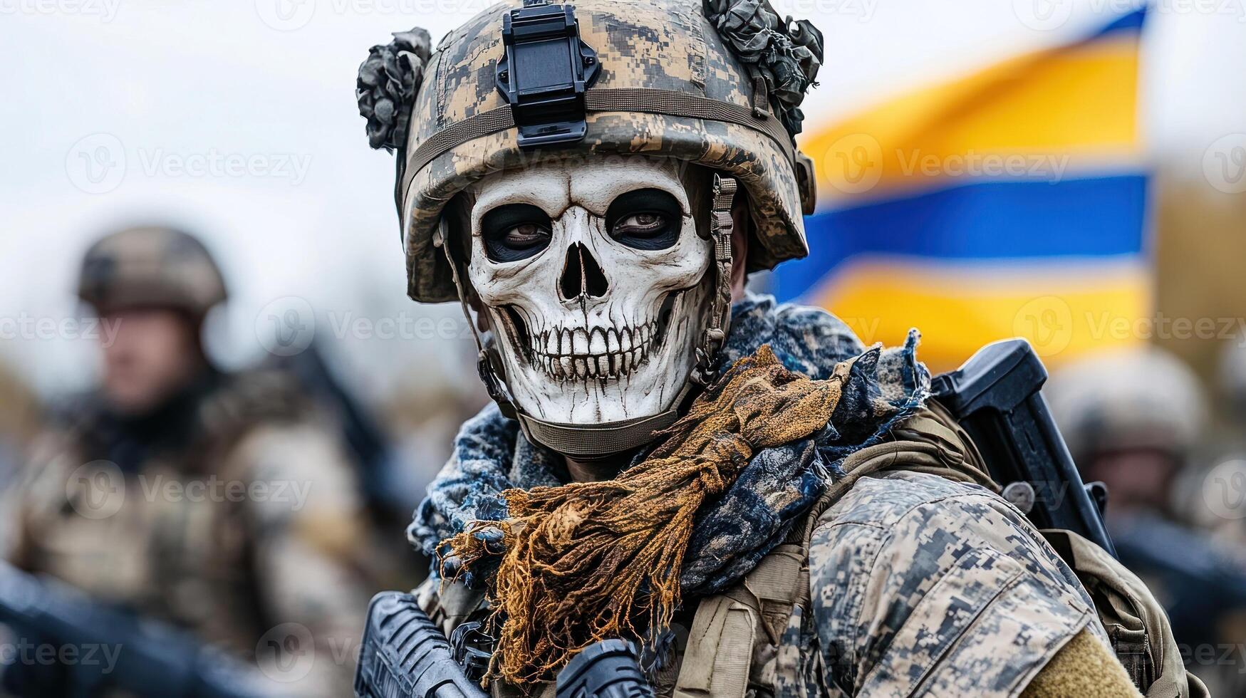 A soldier stands in military attire, featuring a unique skull mask, amidst autumn hues photo