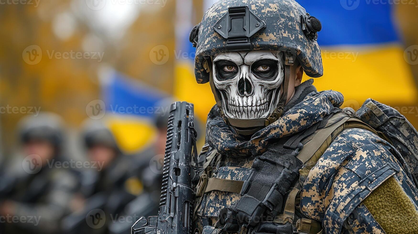 A soldier in a skull mask maintains a steadfast watch as autumn leaves fall photo