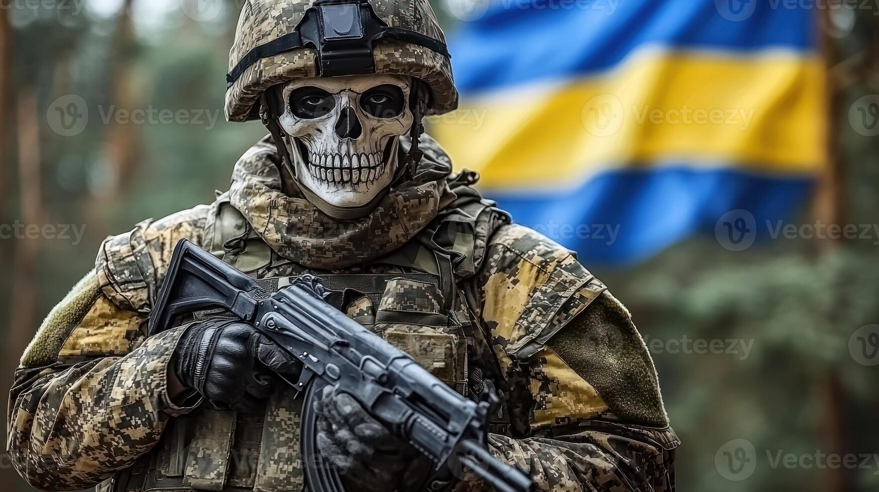 A soldier in a skull mask stands strong with a rifle by the national flag photo
