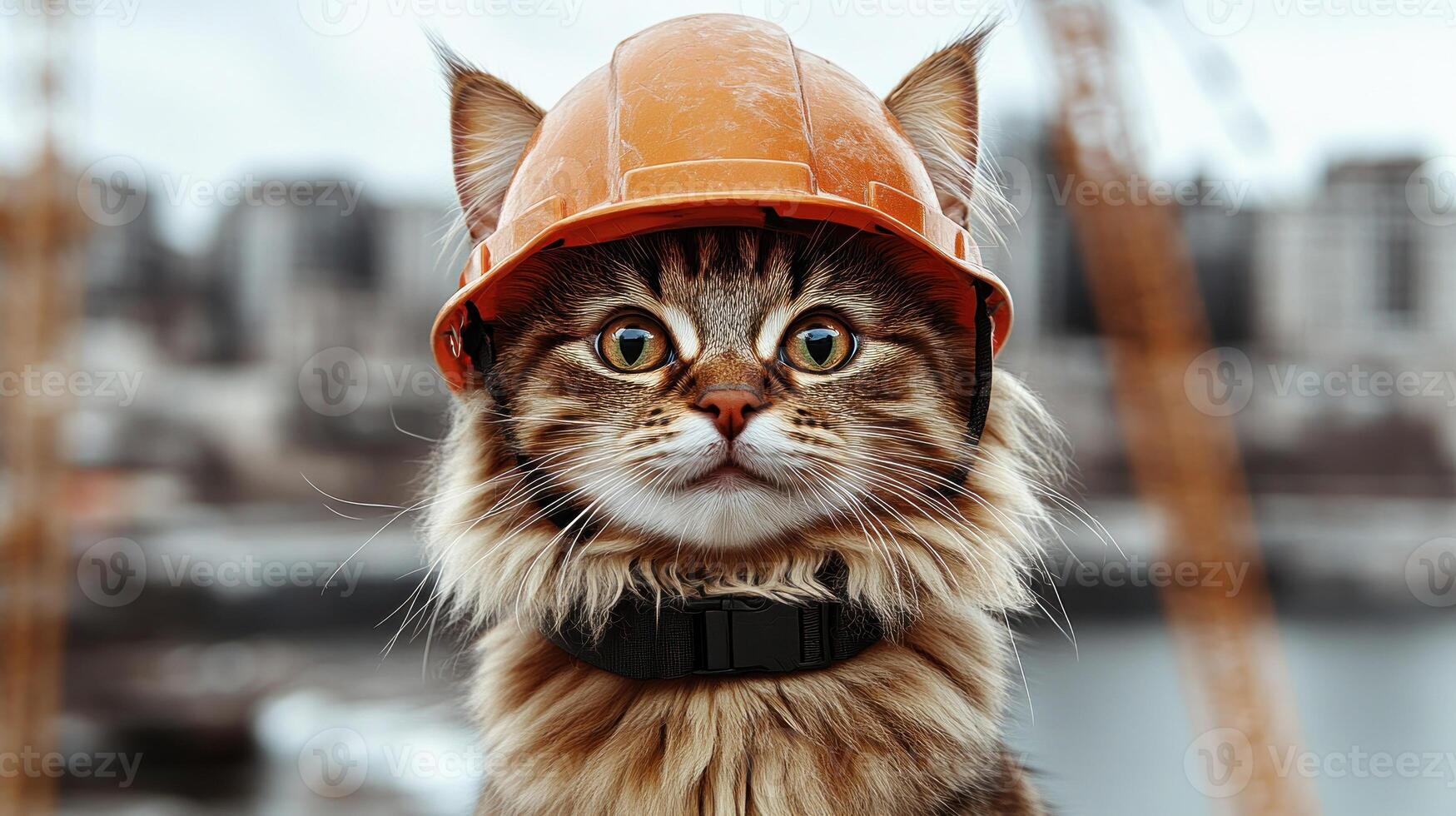 A cheerful cat in safety gear brings a fun vibe to a construction setting photo