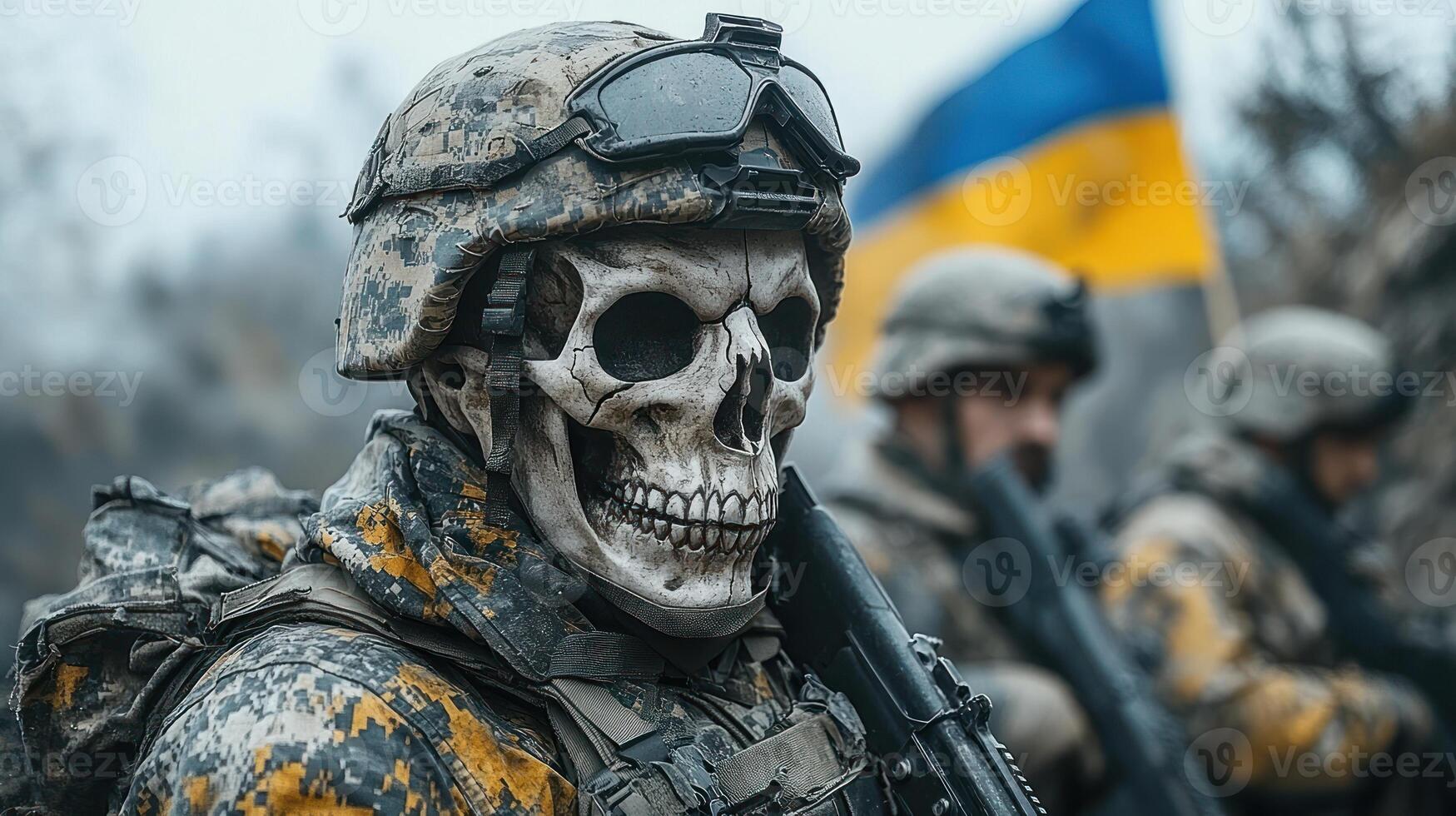 A warrior adorned with a skull mask stands firm, showcasing bravery and determination photo