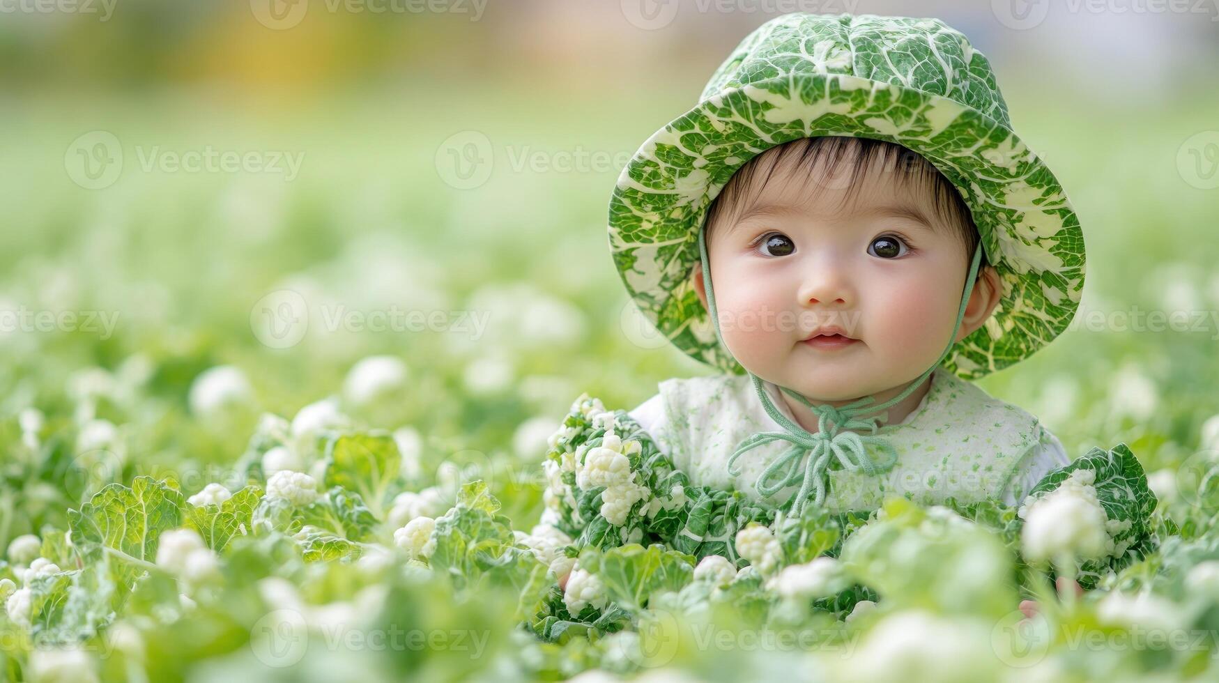 A playful baby wearing a leafy hat sits among lush greenery, exploring their surroundings photo