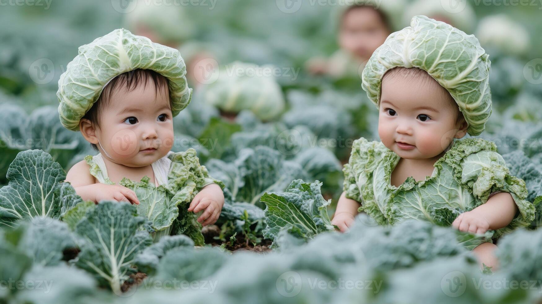 Little ones in green attire explore a vibrant garden full of fresh cabbages photo