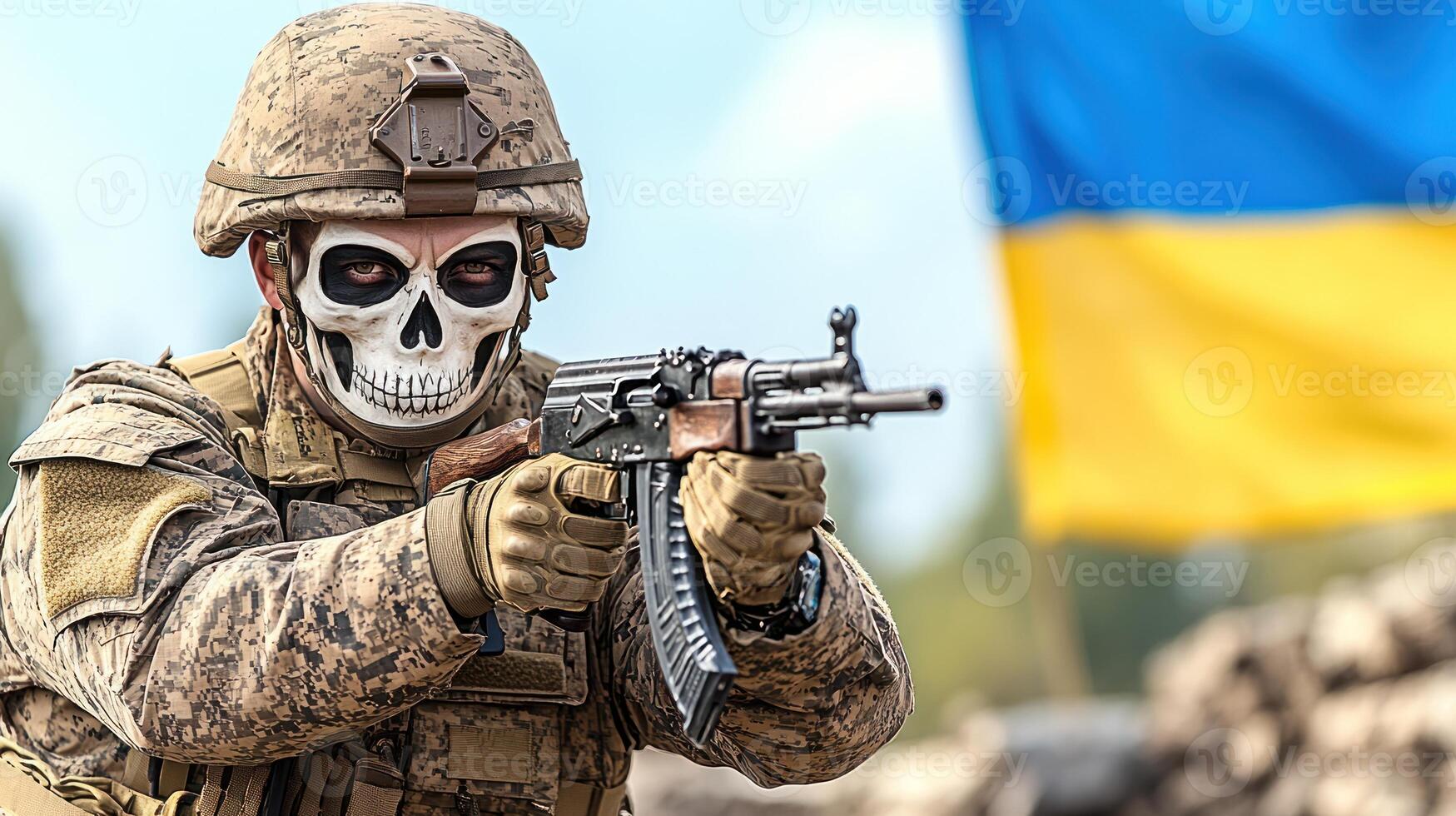 A soldier prepares for action, showcasing his painted skull design and the Ukraine flag photo