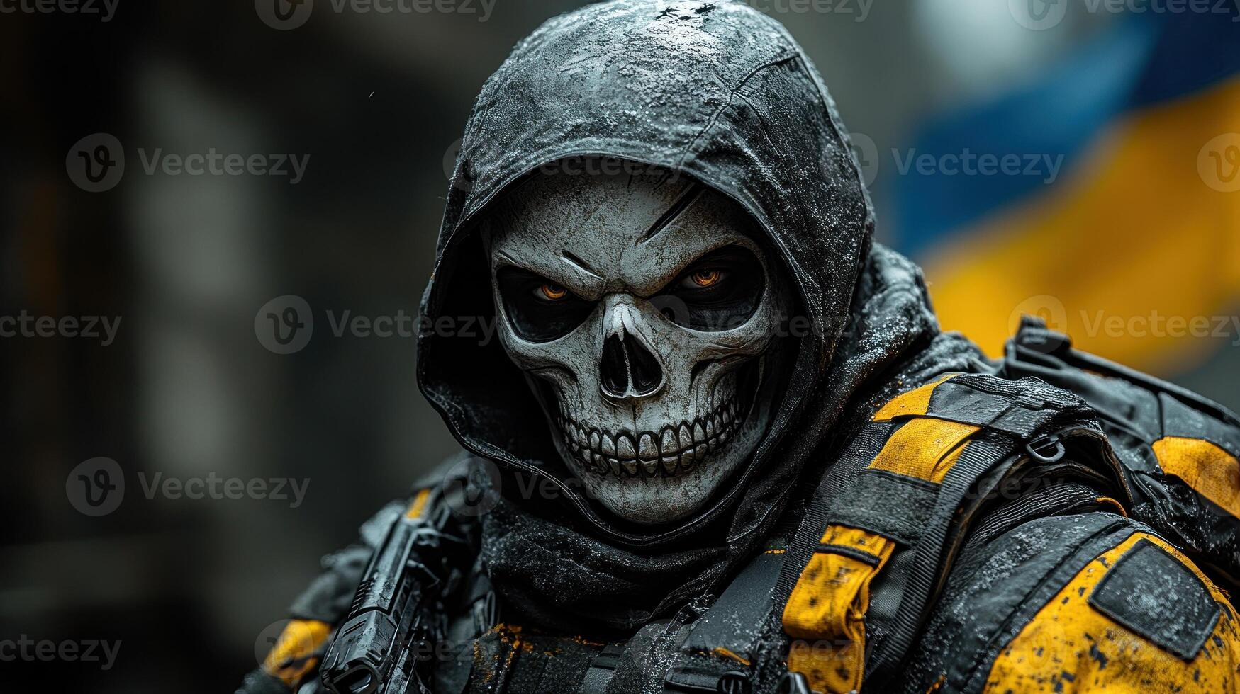 A hooded warrior with a skull mask blends into a desolate landscape, evoking boldness photo