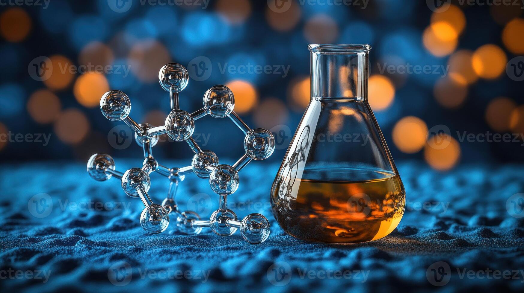 A glimmering flask with amber liquid stands next to a crystal model of a molecule photo