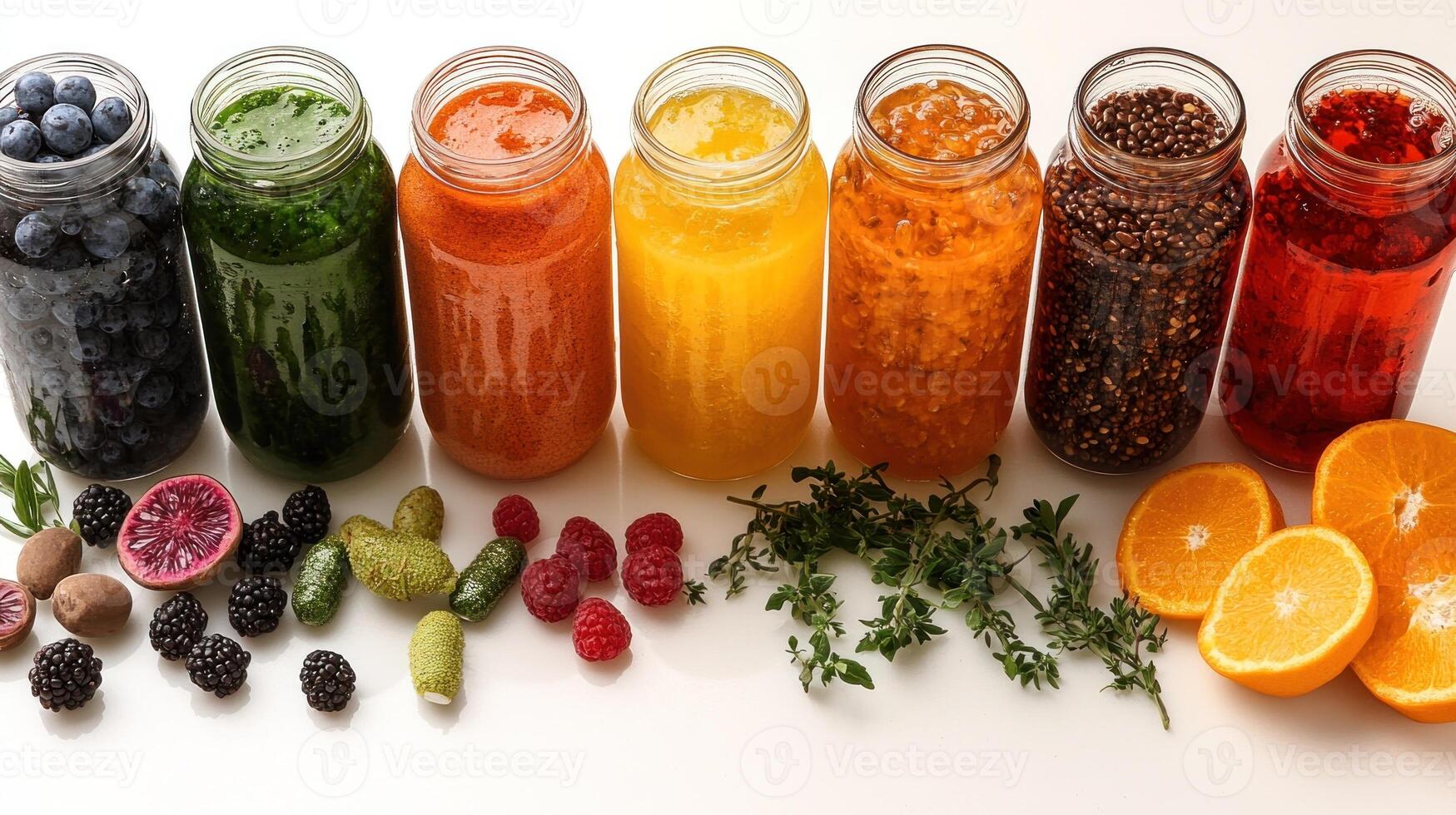 Colorful jars filled with infused drinks and fresh fruits create a healthy aesthetic photo