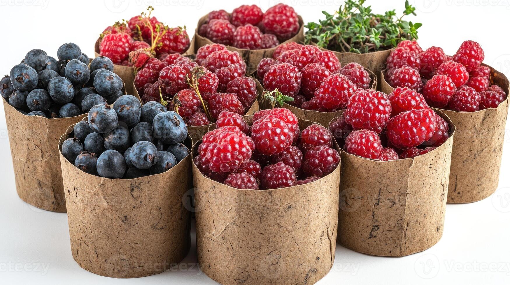 Colorful berries arranged in biodegradable containers, showcasing nature's summer bounty photo