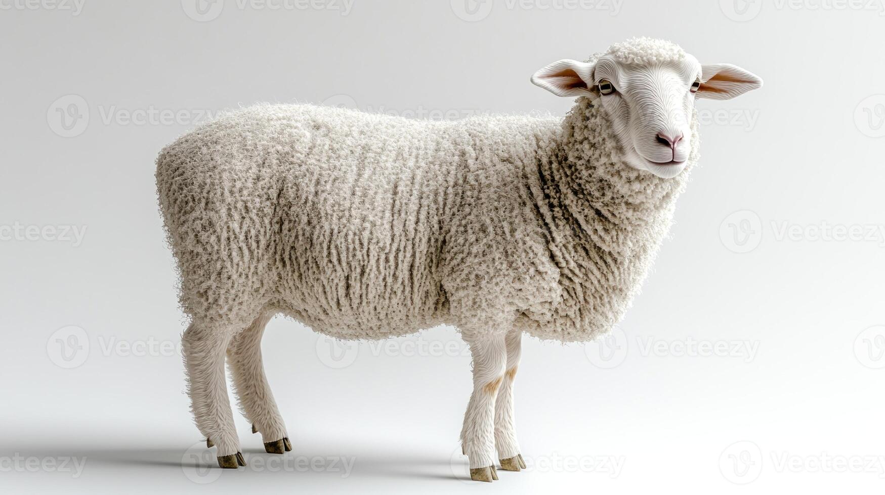 The sheep exhibits its soft wool while posing in a serene indoor space, radiating calm photo