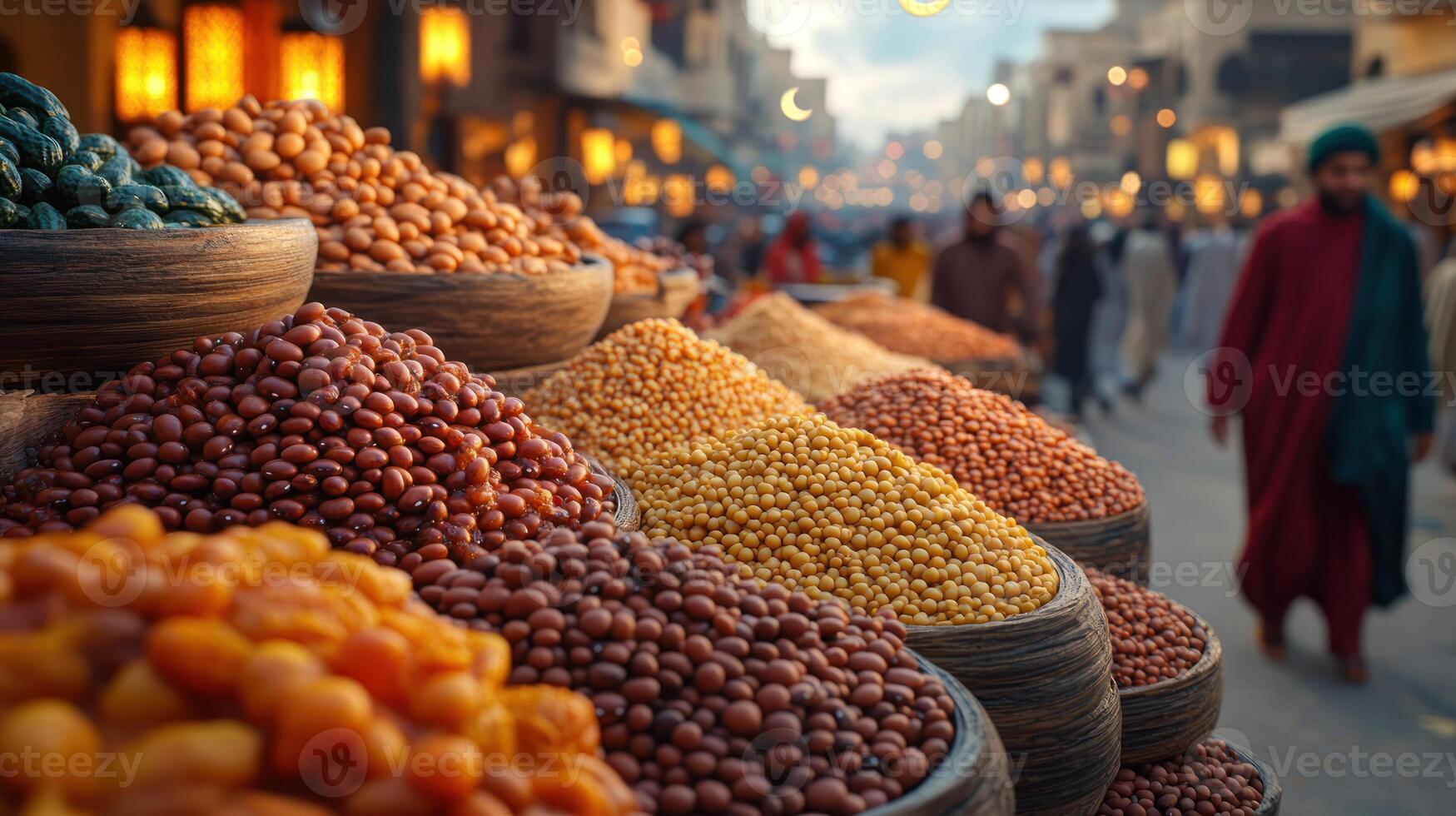 A bustling marketplace adorned with vibrant spices and dried fruits at sunset photo