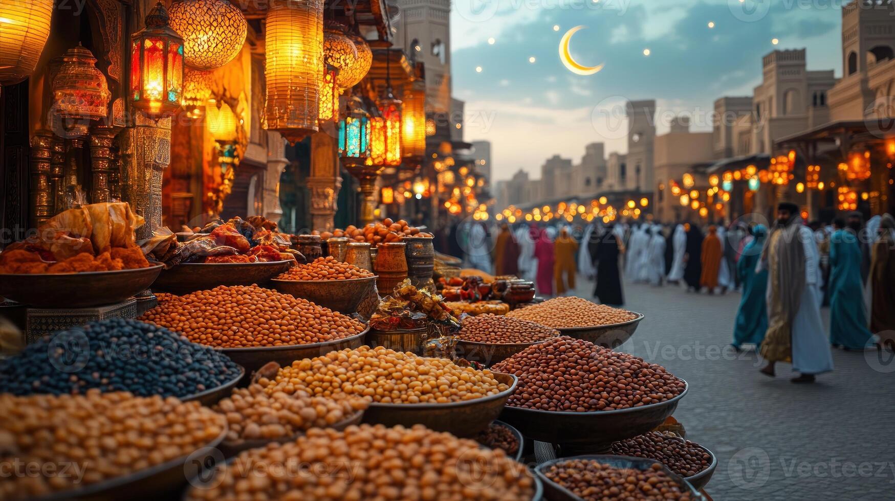The bustling market comes alive with spices and sweets as dusk settles in photo