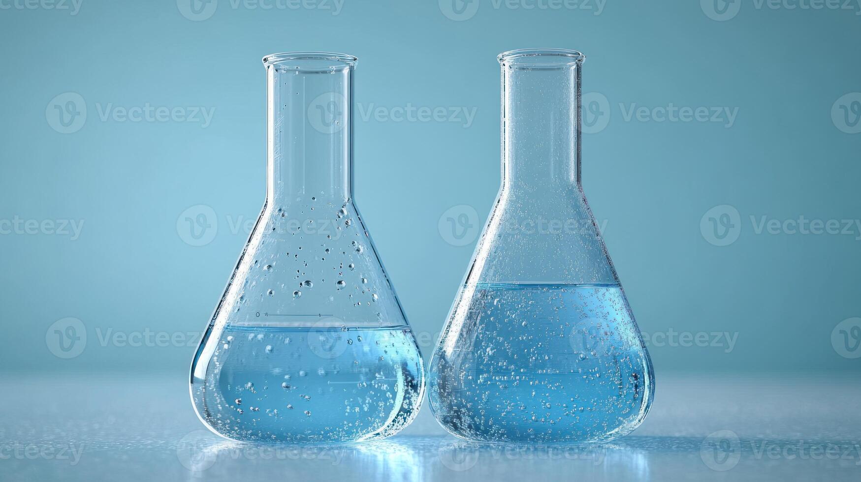 Two glass flasks with a vivid blue liquid bubble happily in a calm setting photo