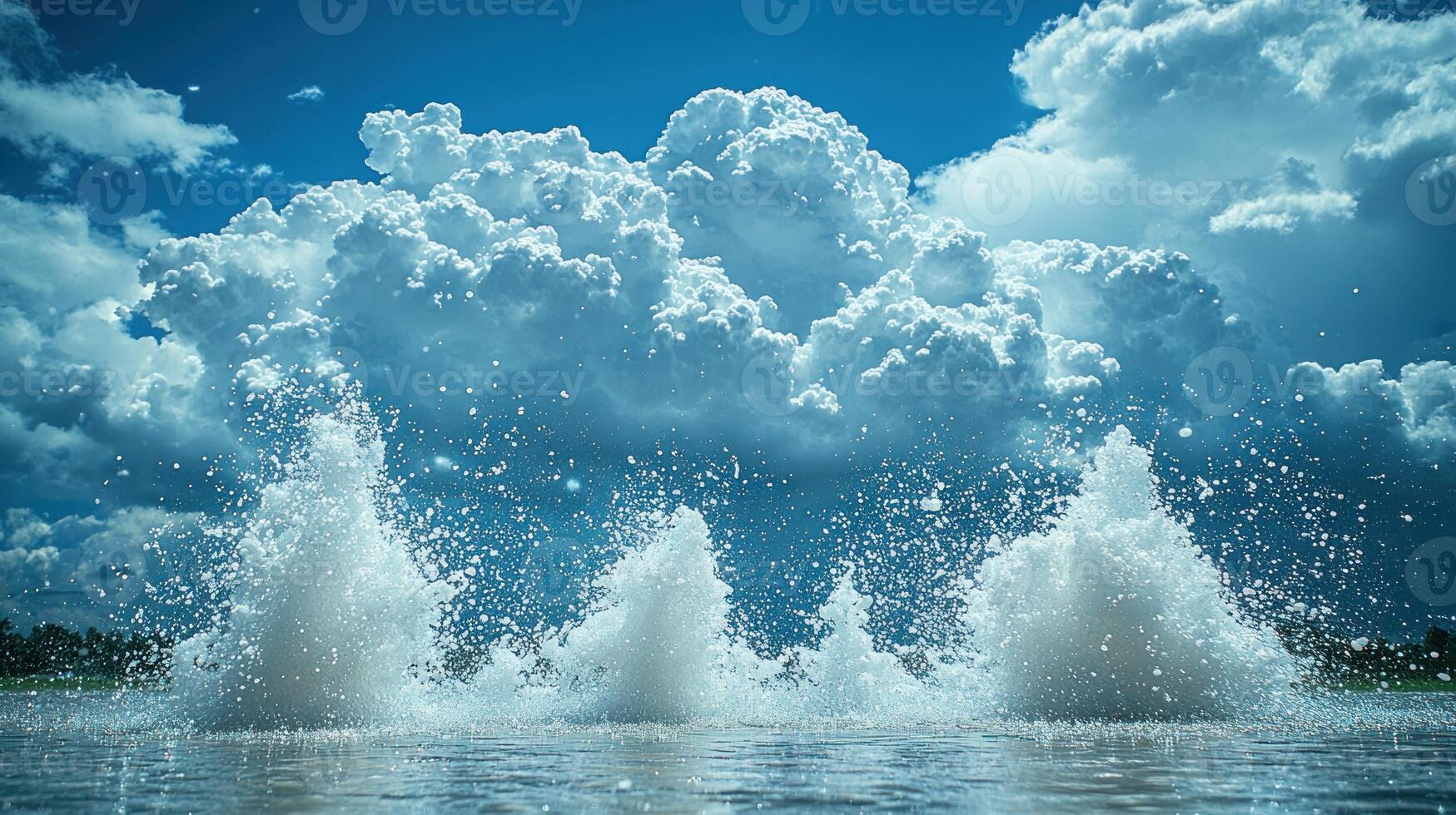 Waves break against the shoreline, sending sprays into the bright blue skies above photo