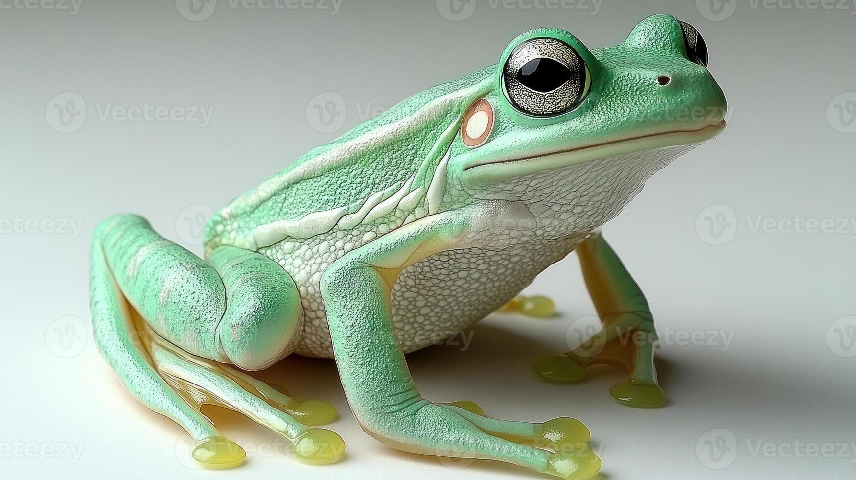 A lively green frog rests calmly, its detailed patterns highlighted by gentle lighting photo