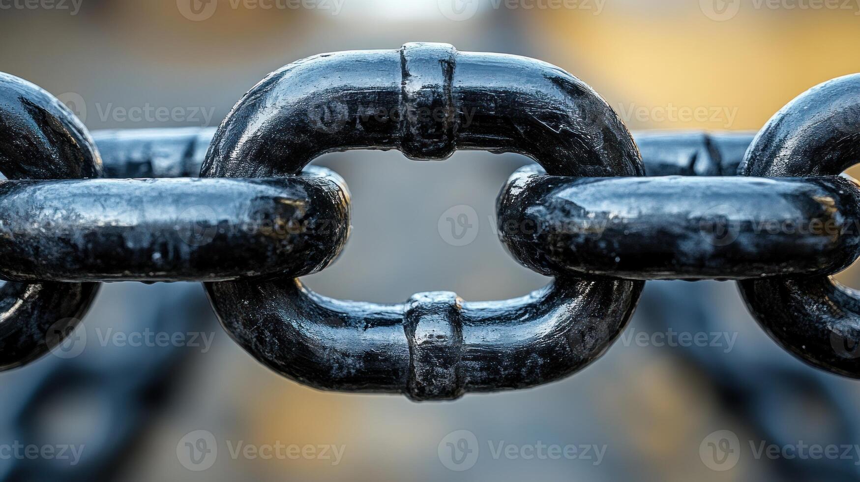 Sturdy black links of a chain intertwined while sunlight glints off its surface photo