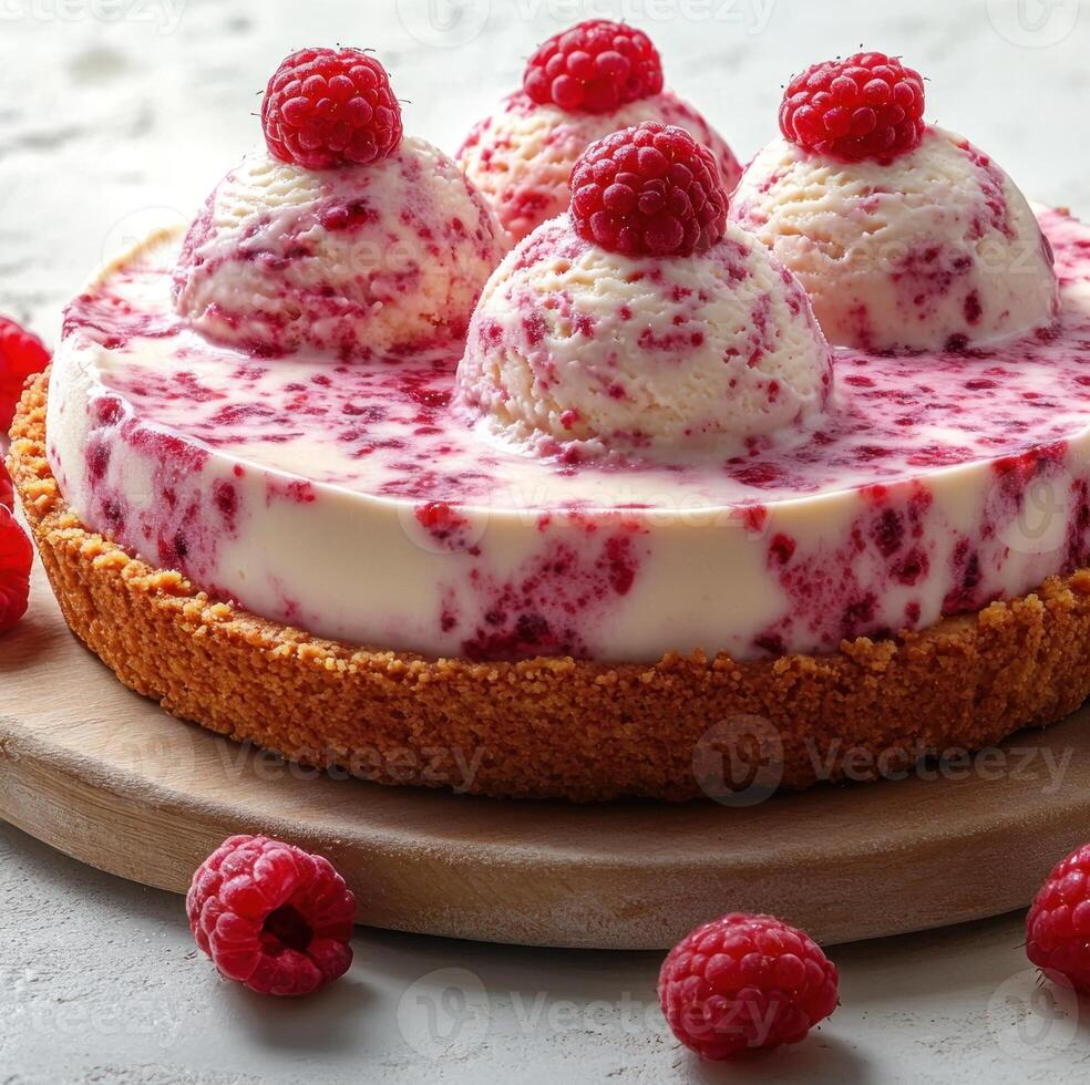A raspberry cheesecake with creamy ice cream and fresh berries delights the eye photo