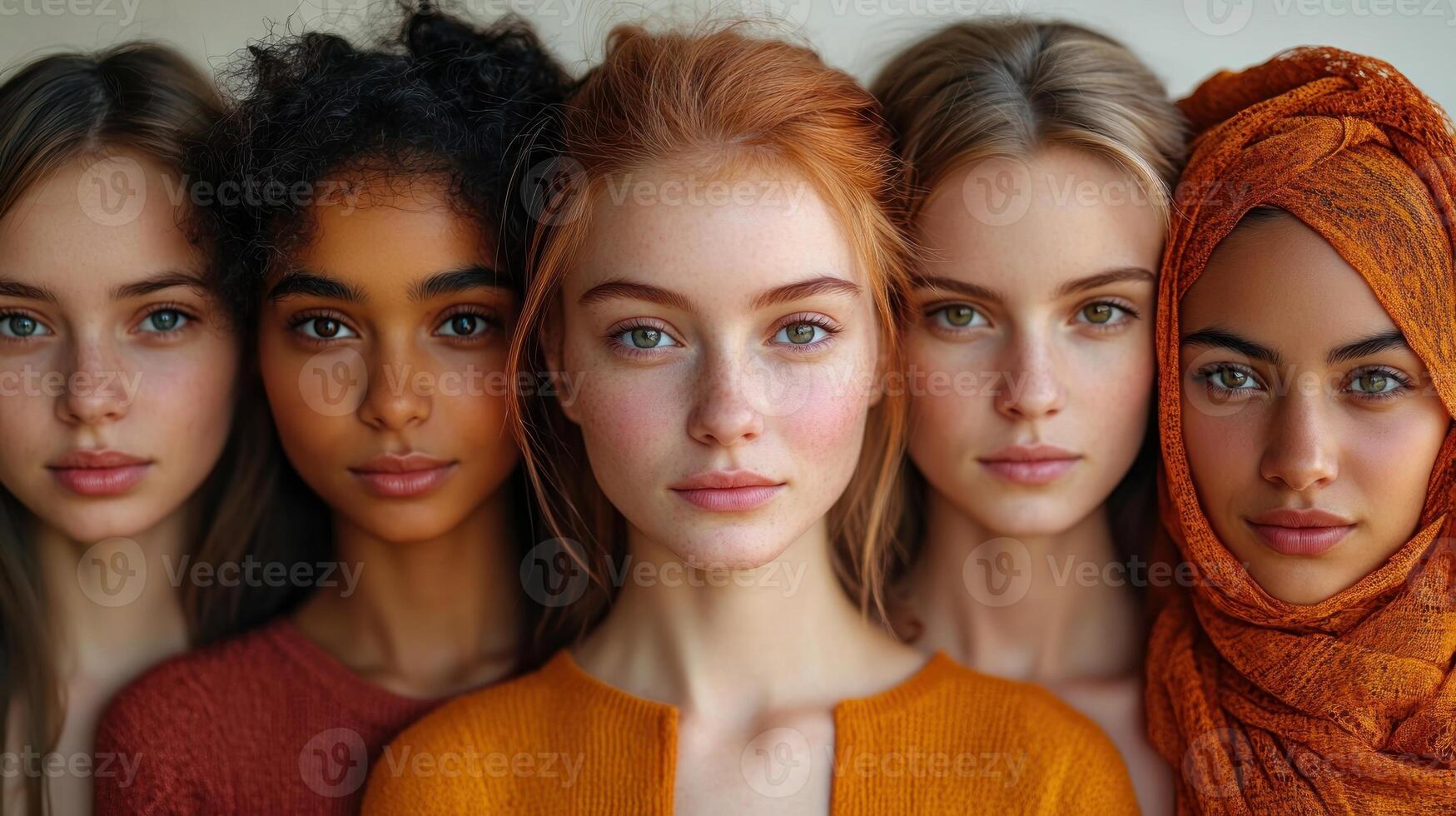Five women stand together, each displaying their distinctive beauty and style in harmony photo