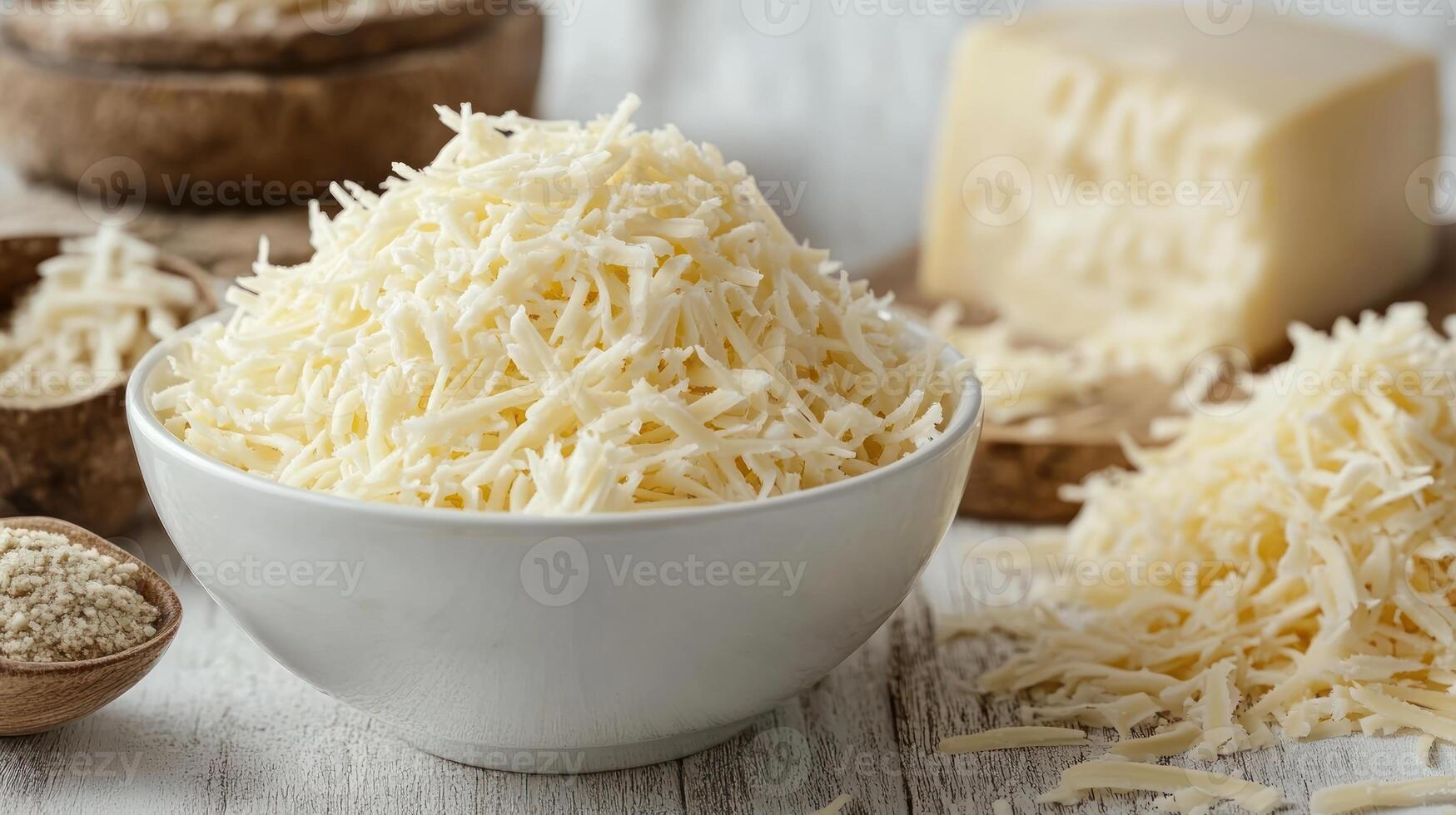 Deliciously shredded cheese fills a bowl, accompanied by a block and scattered shreds photo