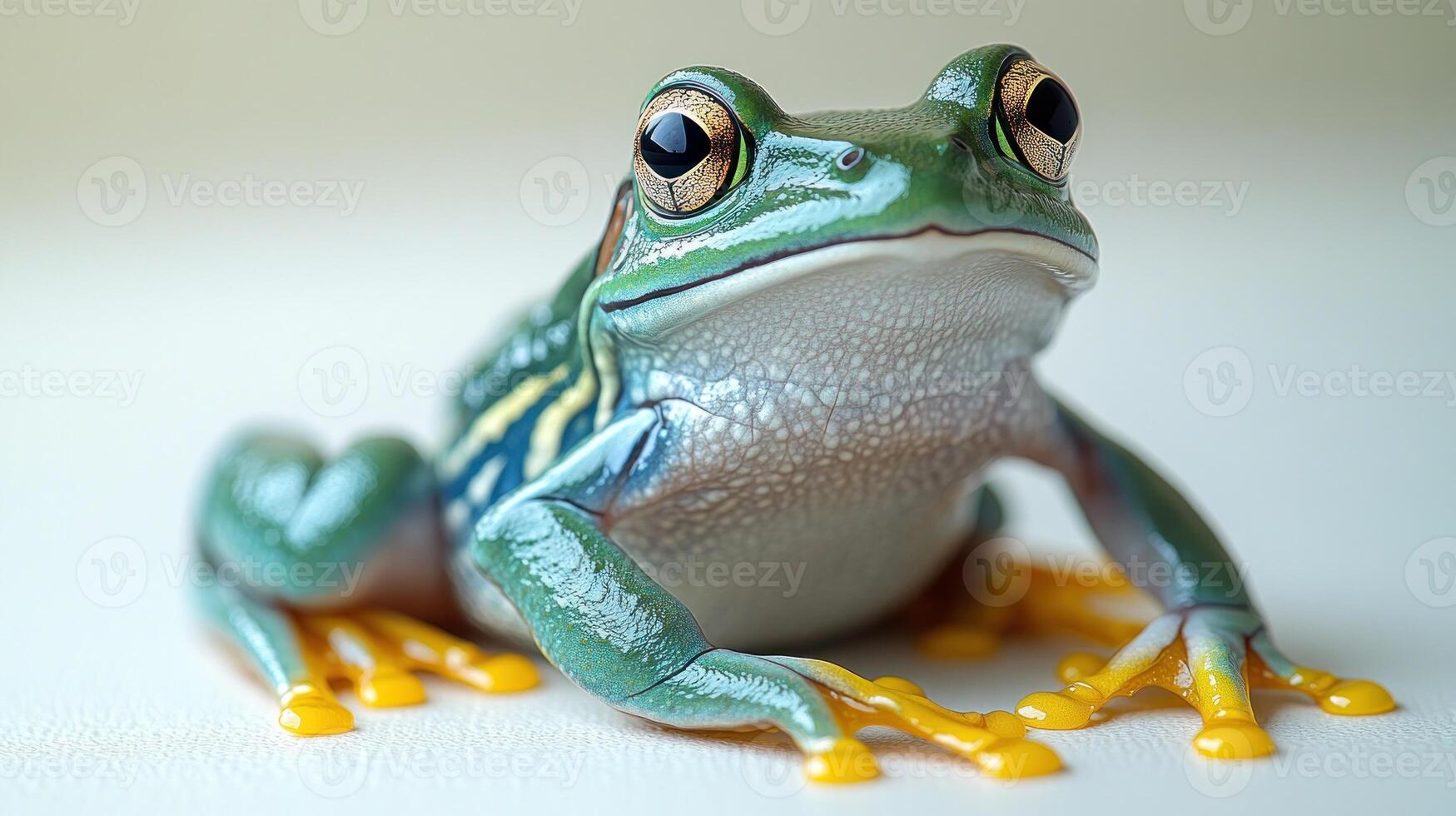 A stunning green frog sits quietly, eyes wide and curious, displaying its glossy skin photo
