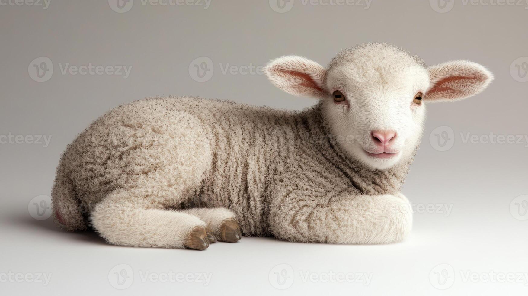 A fluffy lamb relaxes peacefully on a soft surface, radiating tranquility photo
