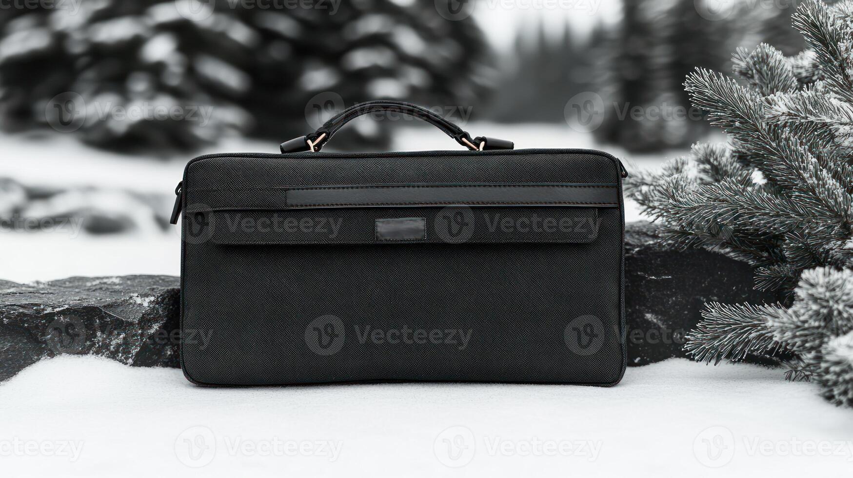 A modern black bag sits on a rocky surface, surrounded by soft snow and evergreen trees photo