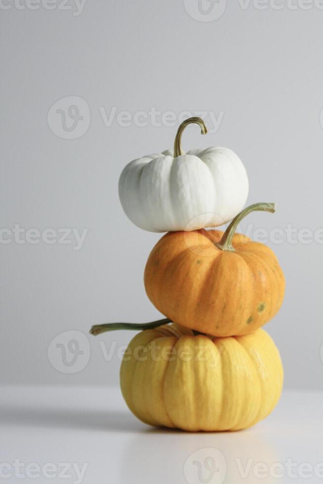 Three stacked pumpkins in white, orange, and yellow on a simple background during autumn season photo