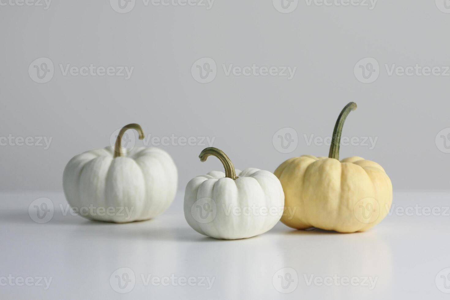 Three decorative pumpkins in various colors displayed on a light surface for autumn decor photo
