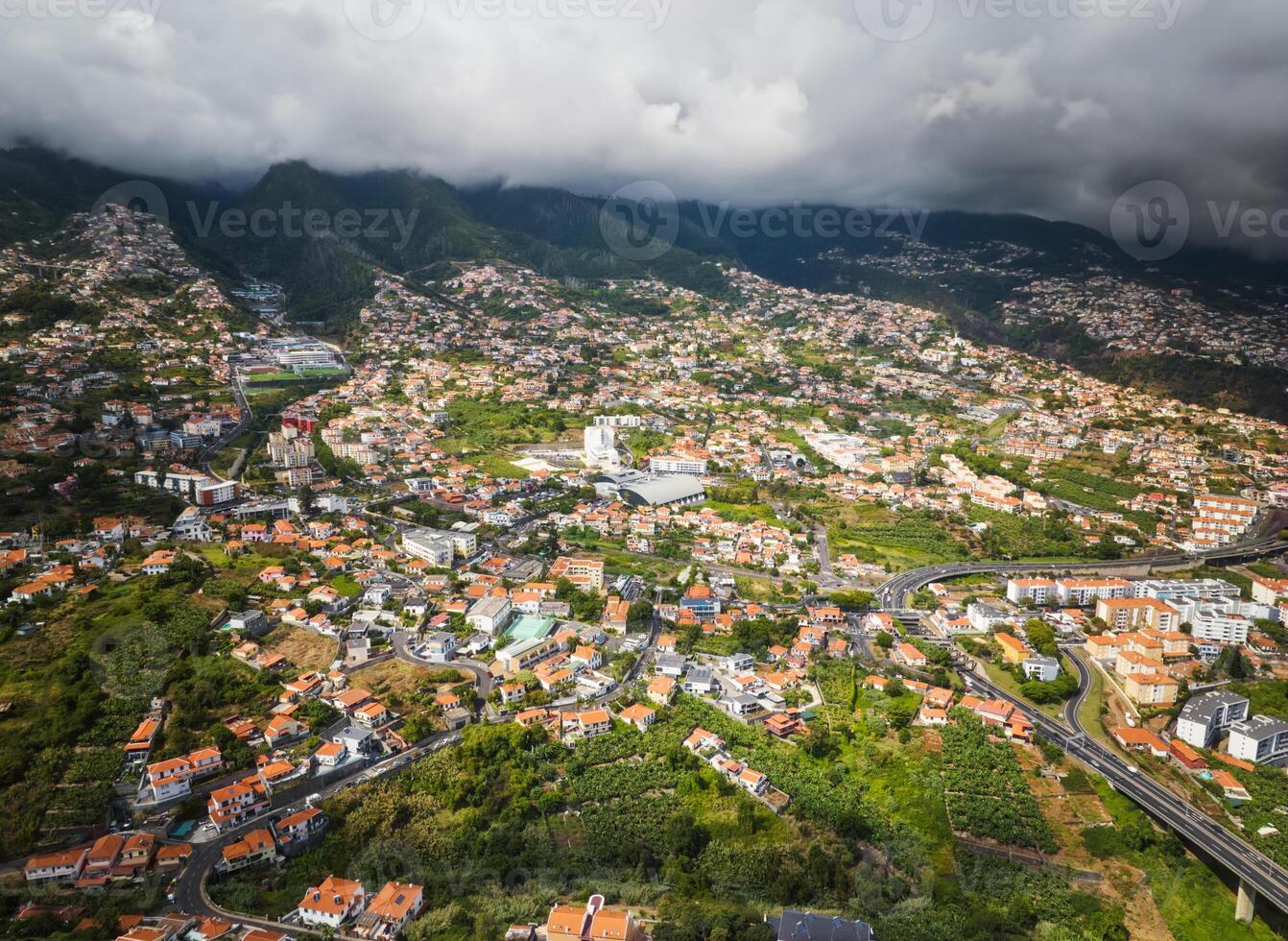 Aerial drone view of Funchal town, Madeira, Portugal photo