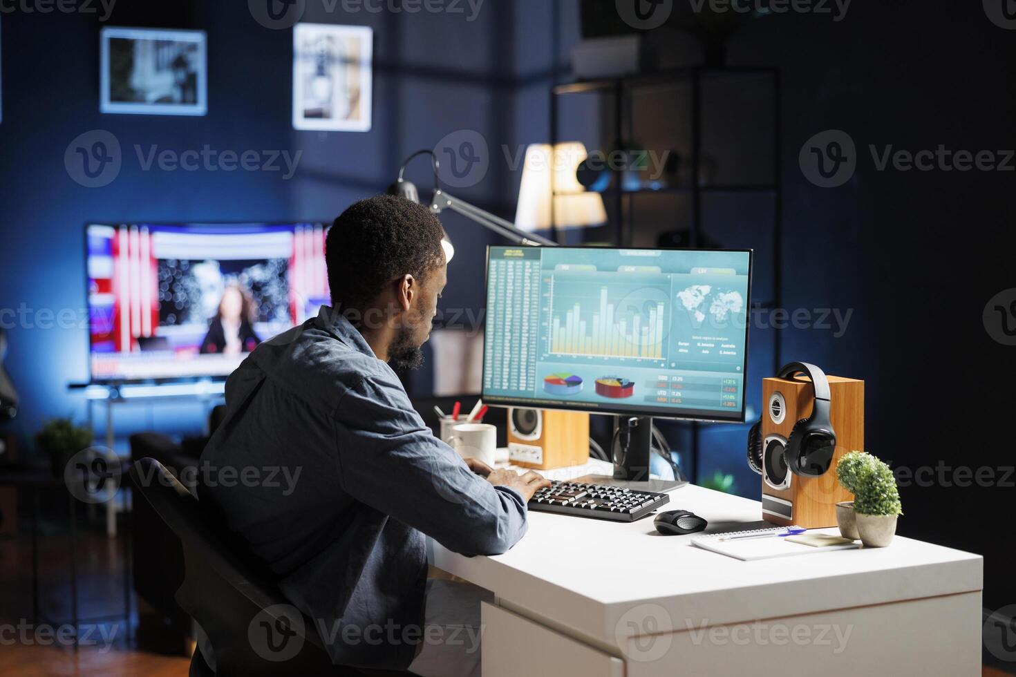 Financial expert examining economic situation online, doing accounting work for legal balance review. Economist advisor calculates capital funds revenue, managing investments at home. photo