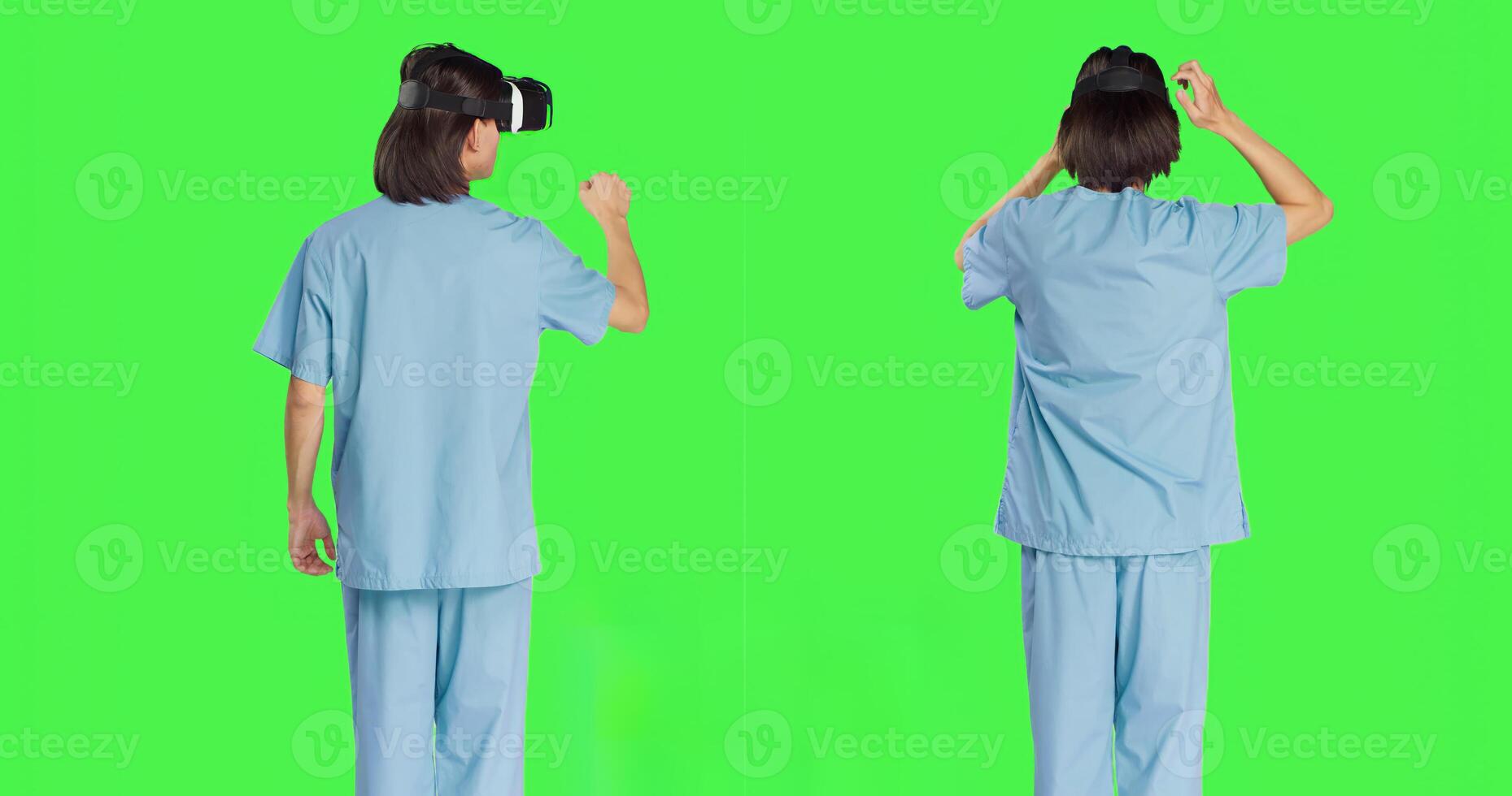 Medical personnel uses virtual reality eyewear against greenscreen set while using new interactive 3D headpiece. Clinical healthcare specialist using artificial intelligence vision. photo