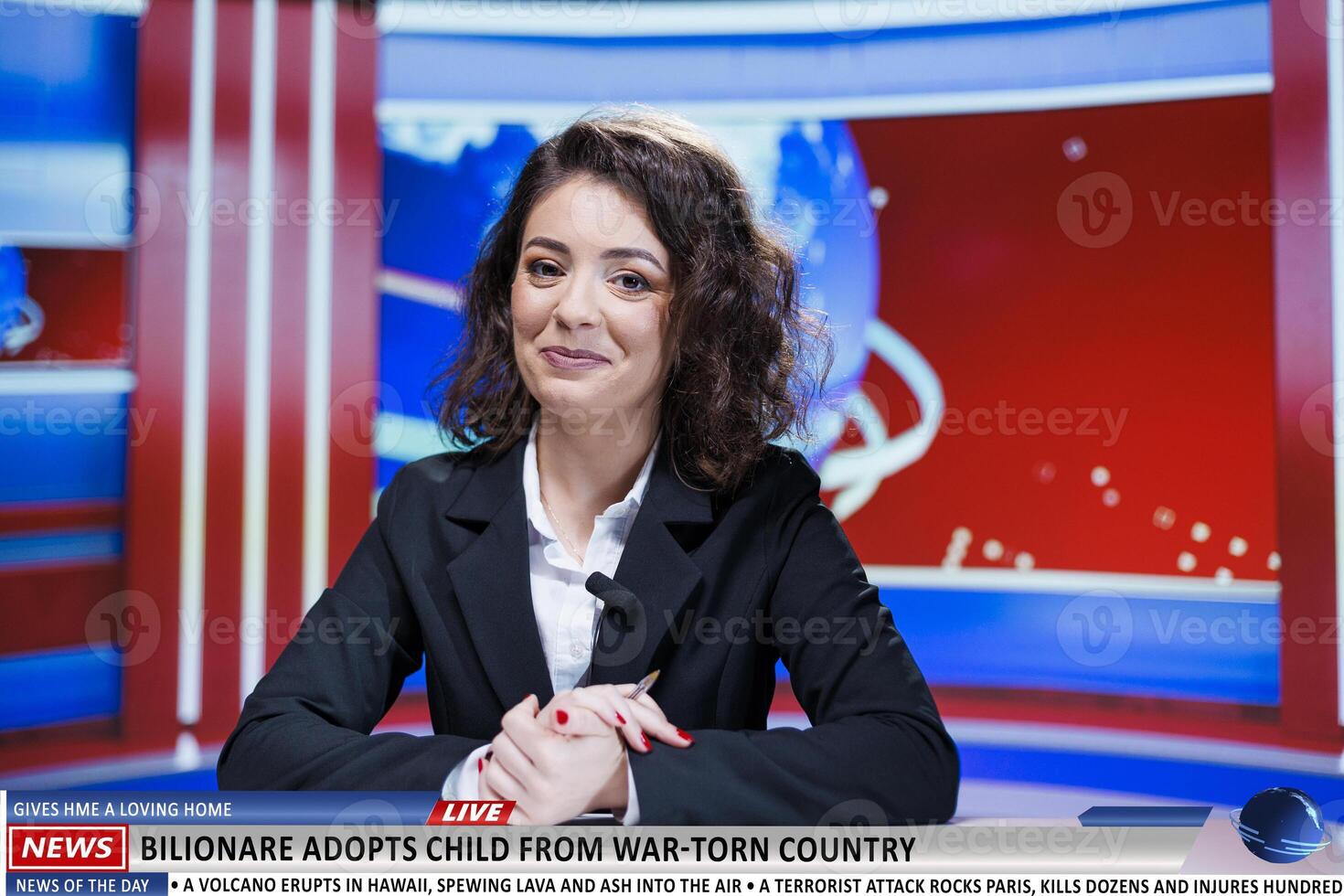 Host talks about billionaire adopting child from poor country, providing a home and ensuring great life. Anchorwoman on talk show addressing details about adoption, tv reportage. photo