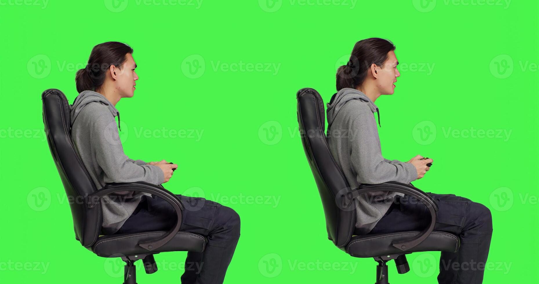 Player having fun with rpg competition over greenscreen in studio, playing videogames online with friends. Talented joyful guy enjoying gaming, game enthusiast sitting on chair. photo