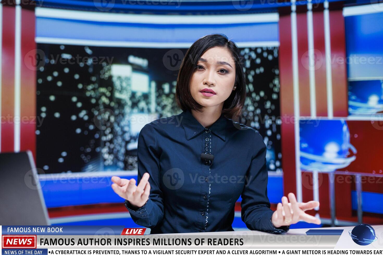 Presenter covers famous book headline, discussing about great author inspiring citizens to read more. Asian media journalist hosting night show to promote new lecture launch on live tv. photo