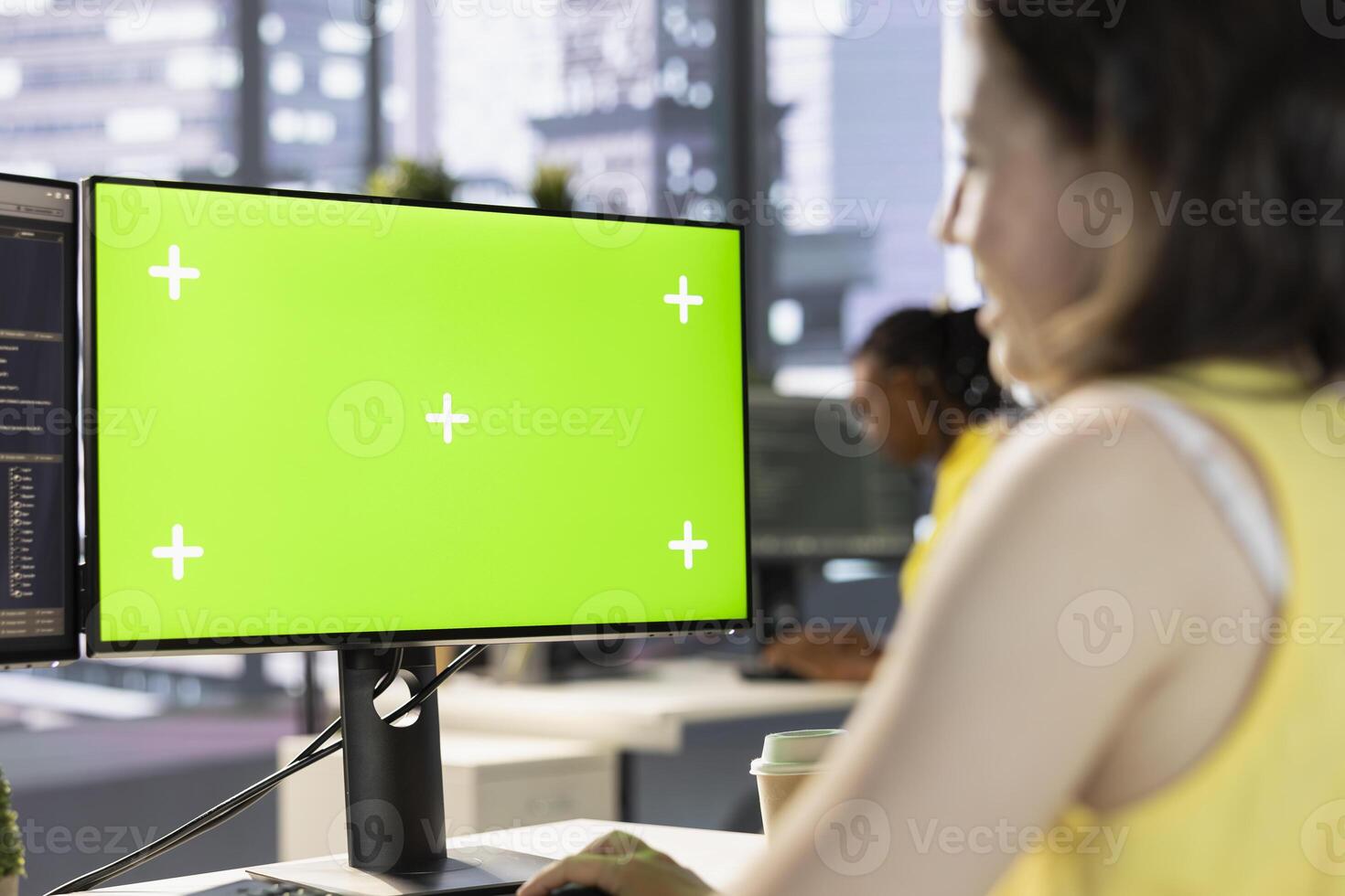 Worker conducting code review on green screen computer to fix bugs, identifying performance and technical issues with artificial intelligence company software. Woman optimizing code mockup PC photo