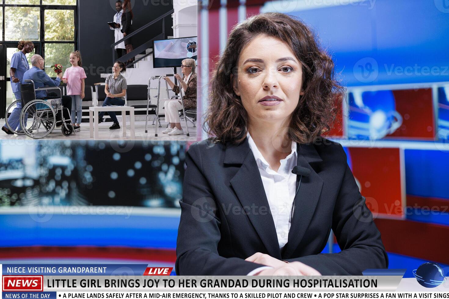 News story of child visiting old patient on live television program, beautiful gesture done by sweet niece seeing grandparent during hospitalization. Newscaster reading headlines. photo