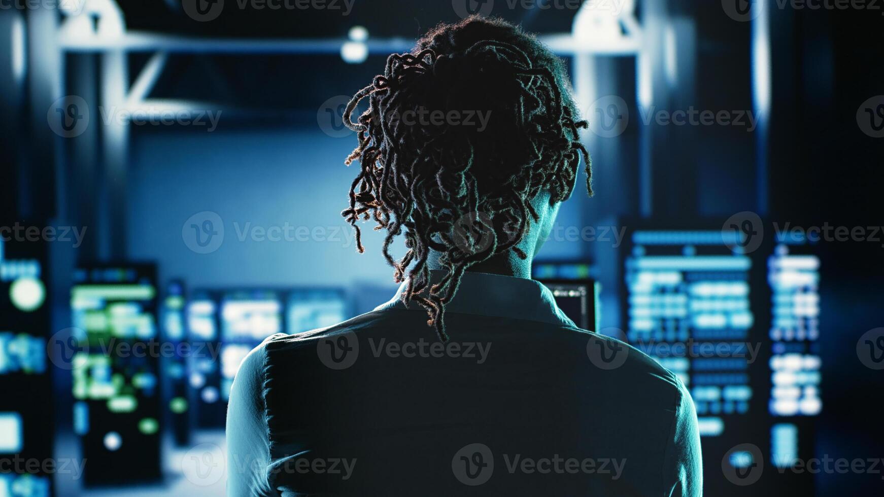 African american woman walking in server room housing advanced infrastructure storing massive datasets, running code on tablet to upgrade data center units doing complex computational operations photo