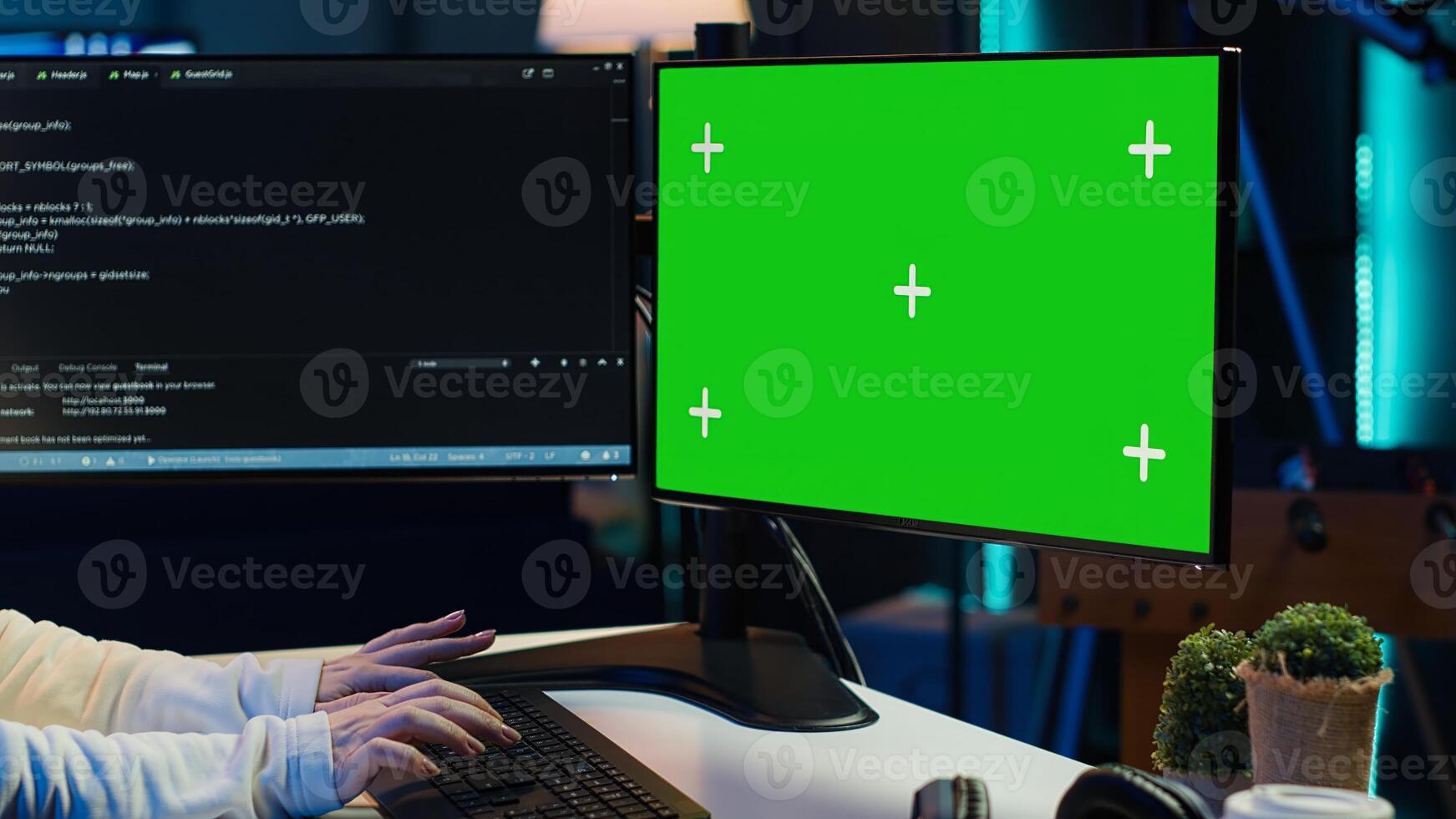 Cybersecurity expert uses green screen computer to look for security vulnerabilities and injected malware, close up. Admin installing fortified code on chroma key PC to prevent cyber attacks, camera A photo