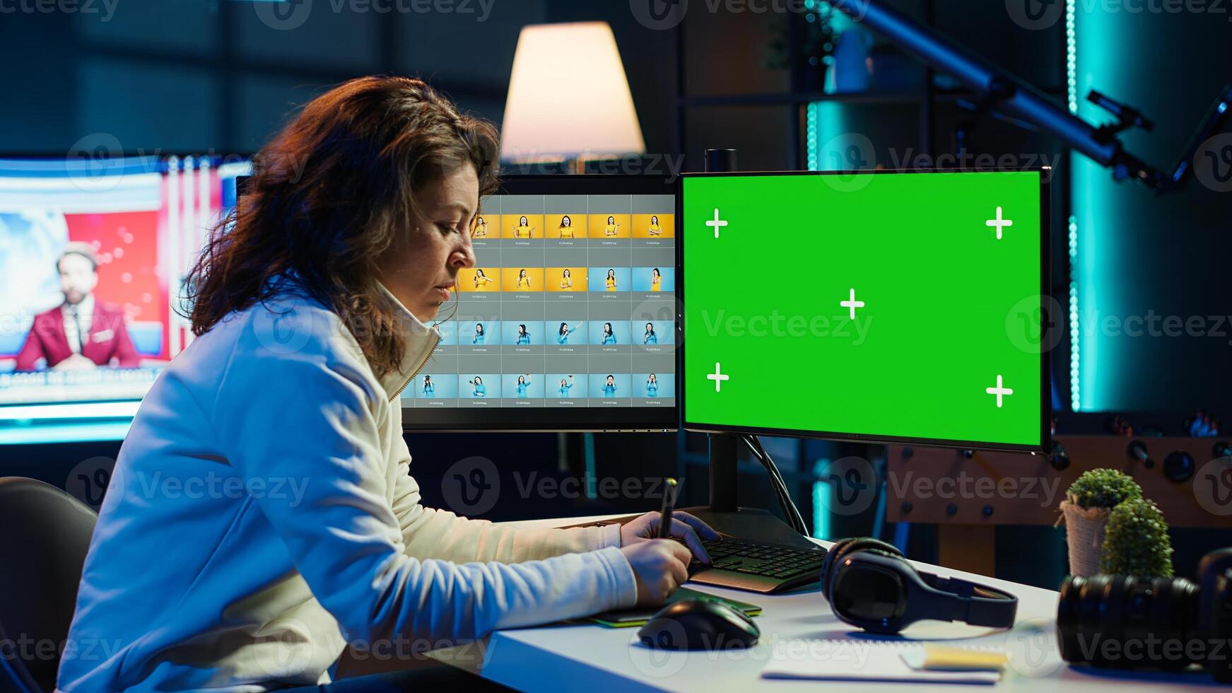 Photo editor working in independent production company using green screen monitor and graphic tablet. Photographer adjusting white balance on overexposed pictures on mockup desktop computer, camera A