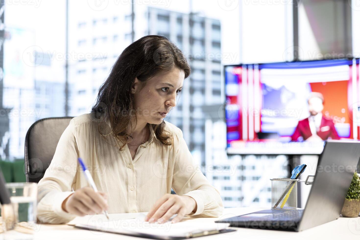 General director approving requests and signing important contracts as her business CEO authority, solving daily paperwork tasks. Entrepreneur dealing with corporate bureaucracy. photo