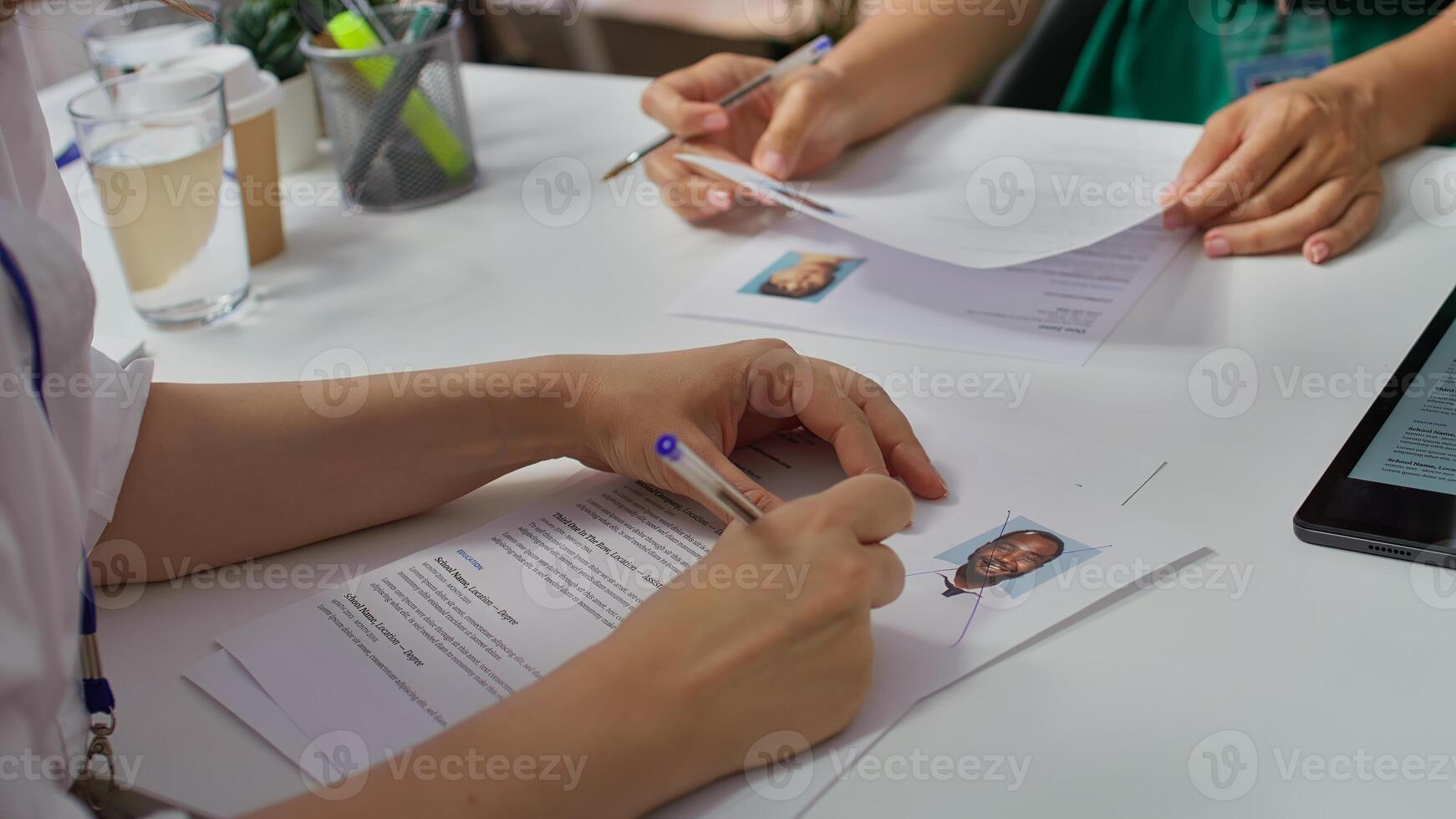 HR experts refusing job applicants based of lack of skills and qualifications, rejecting unsuitable people after the interview. Recruiters selecting candidates for employment. Close up. Camera B. photo
