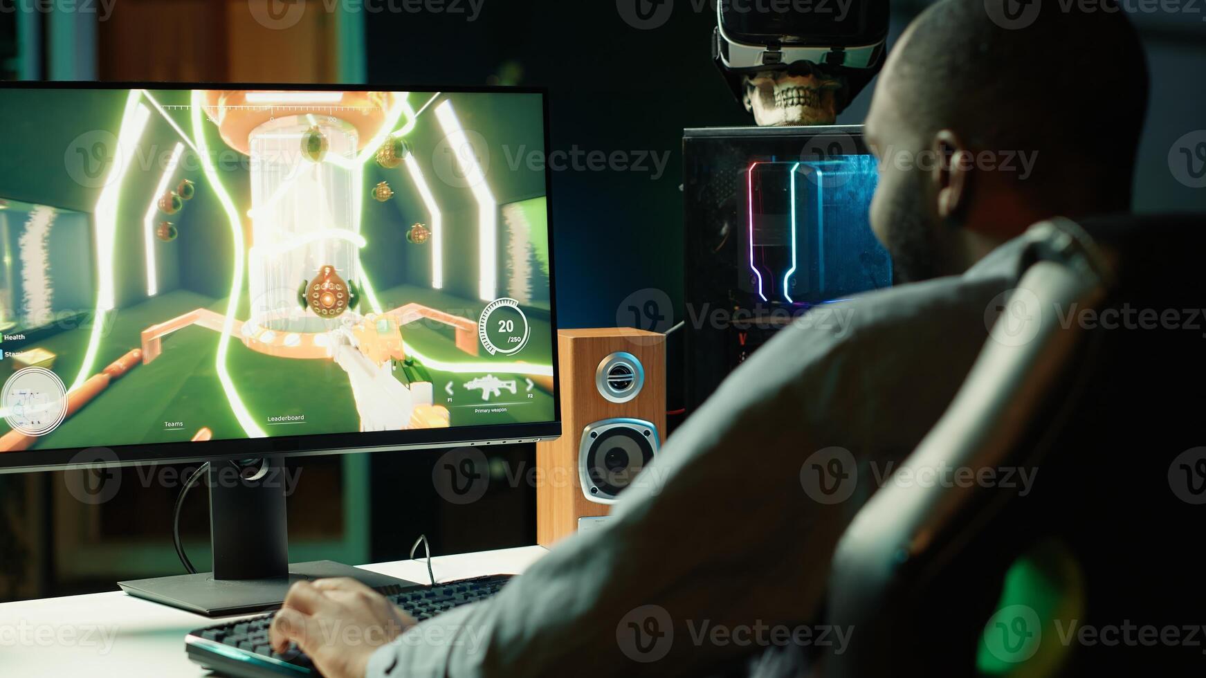 Professional gamer competing in intense online multiplayer videogame, streaming live from vibrant living room with neon lights. Man using PC, having immersive experience while gaming, camera A photo