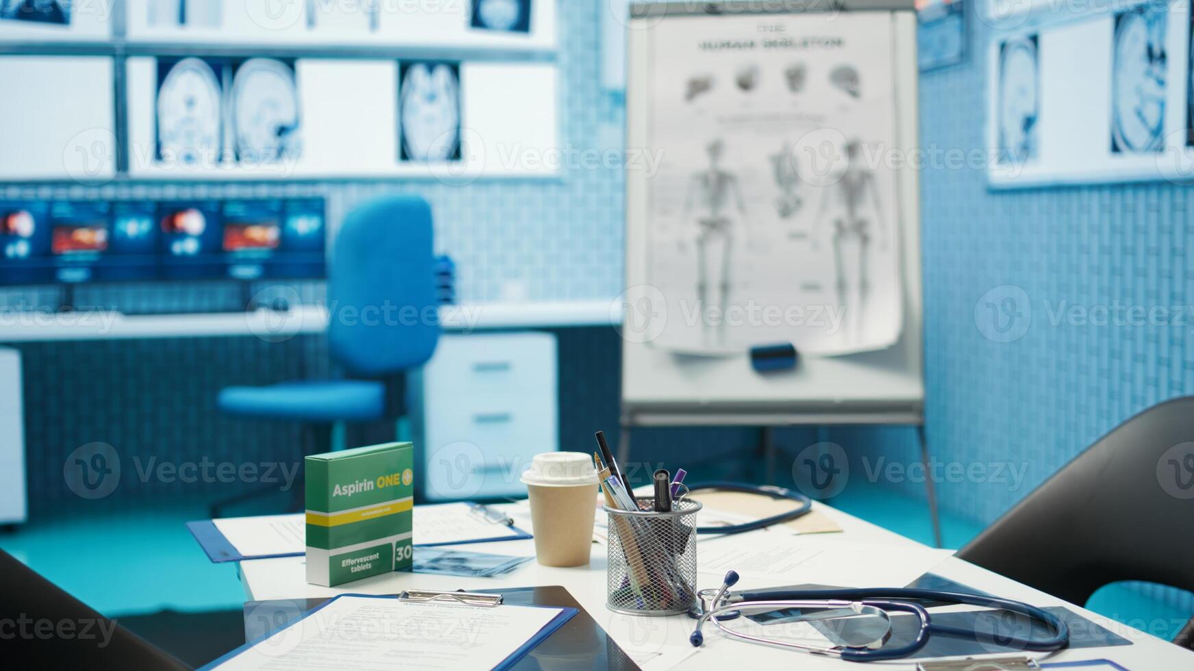 Empty office in a private clinic designed with x ray machine and modern tools used in healthcare industry, medical clinic helping with treatment plans on insurance. Disease prevention and therapy. photo